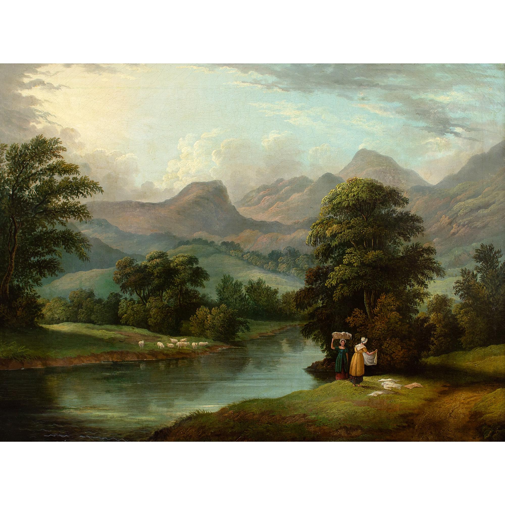Early 19th-Century British School, River Landscape With Women Washing Laundry - Painting by Unknown
