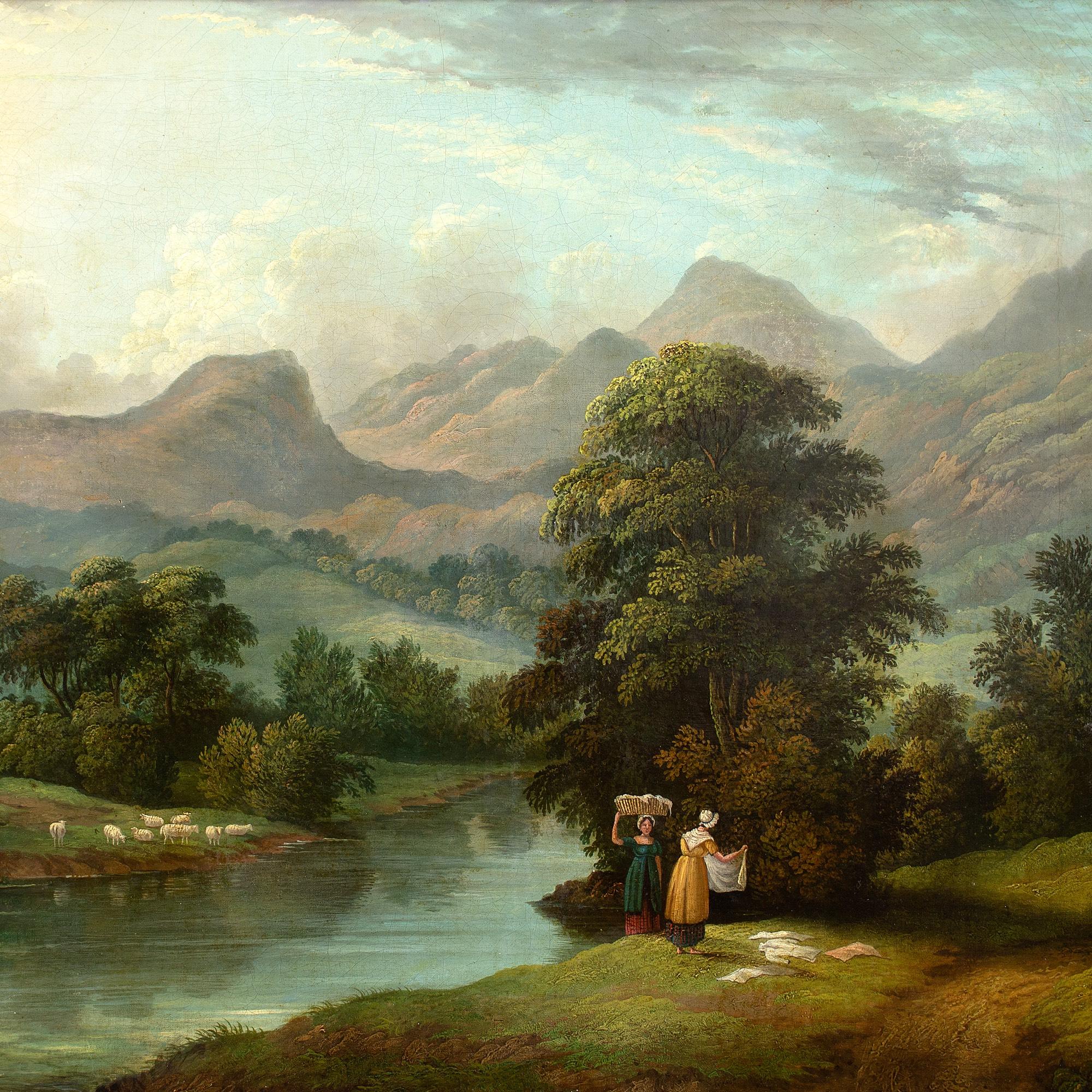 Early 19th-Century British School, River Landscape With Women Washing Laundry 1