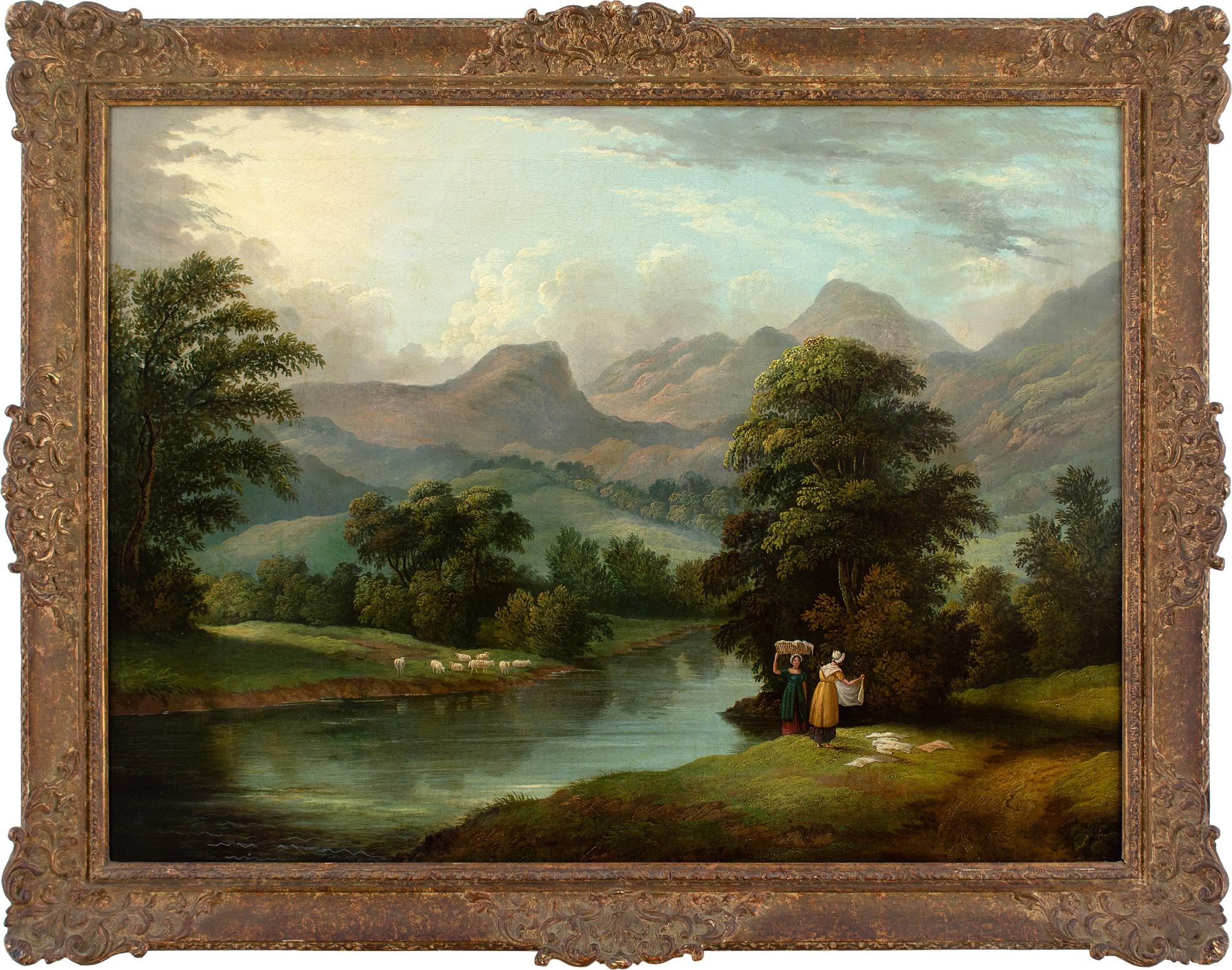 Unknown Figurative Painting - Early 19th-Century British School, River Landscape With Women Washing Laundry