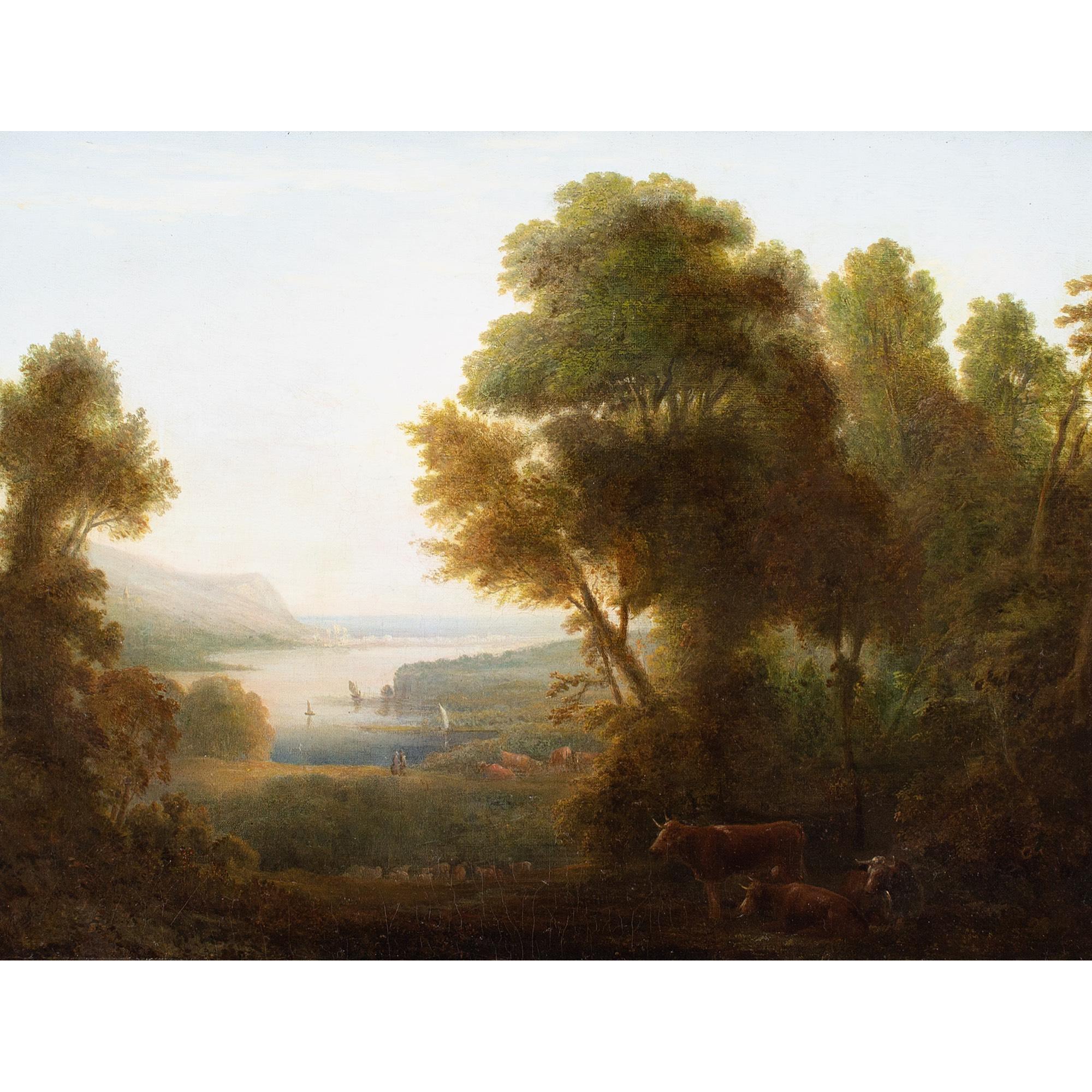 Scuola britannica dei primi anni del XIX secolo, Paesaggio romantico con bestiame e vista sulla costa - Painting di Unknown
