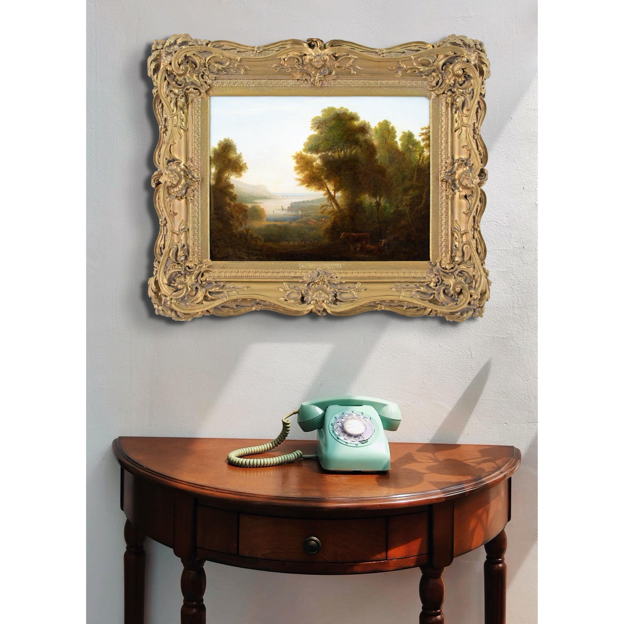 Scuola britannica dei primi anni del XIX secolo, Paesaggio romantico con bestiame e vista sulla costa - Painting Romantico di Unknown