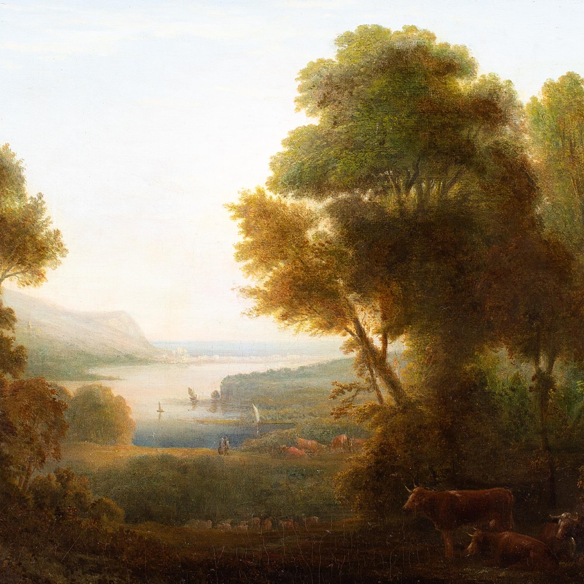 Scuola britannica dei primi anni del XIX secolo, Paesaggio romantico con bestiame e vista sulla costa 1