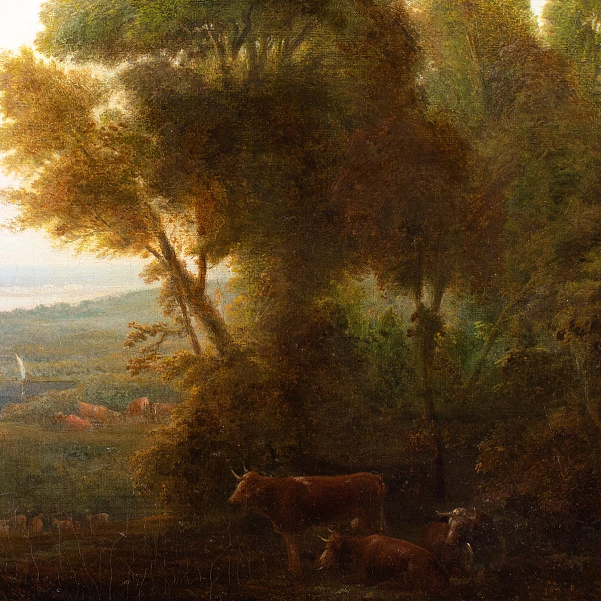 Scuola britannica dei primi anni del XIX secolo, Paesaggio romantico con bestiame e vista sulla costa 3