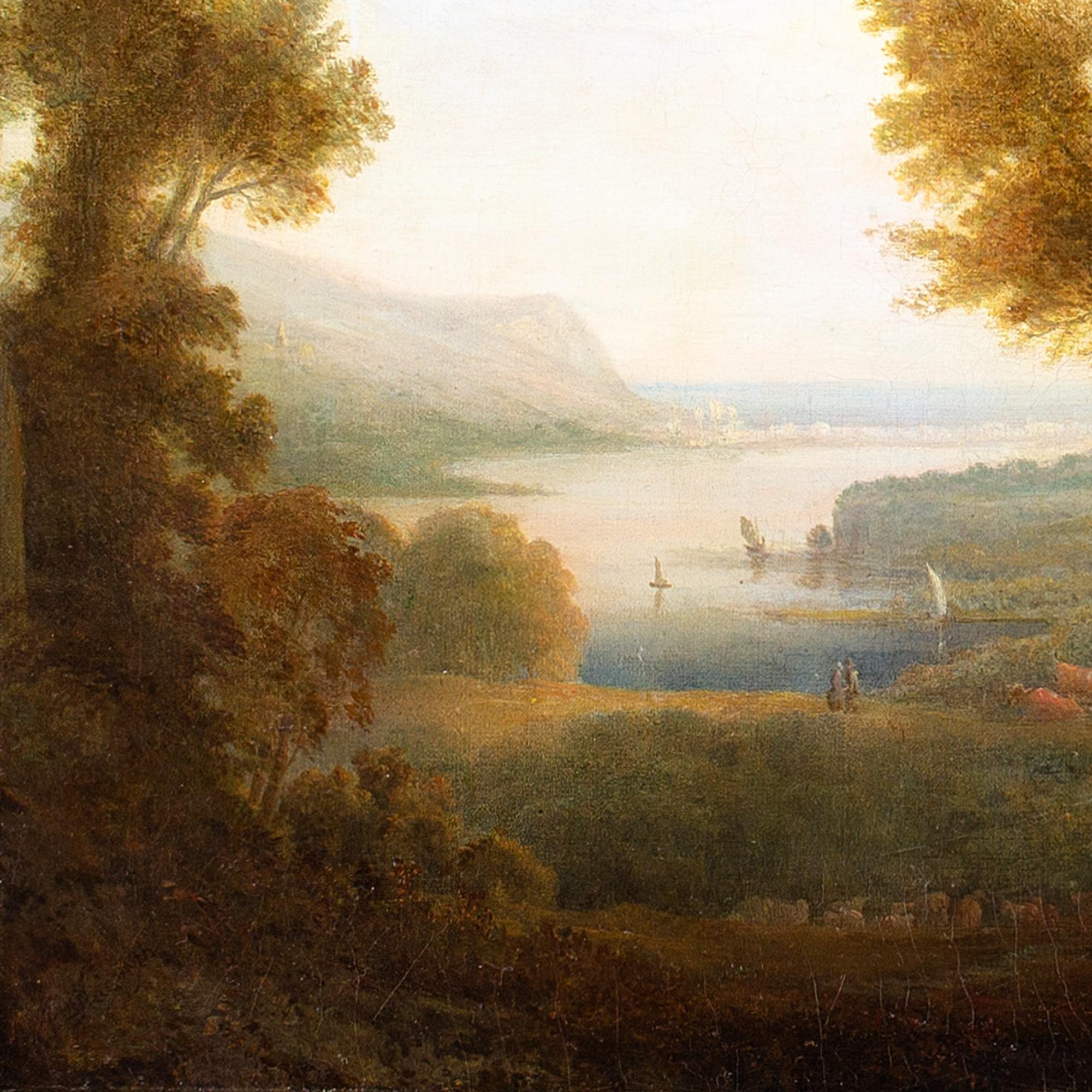 Scuola britannica dei primi anni del XIX secolo, Paesaggio romantico con bestiame e vista sulla costa 4