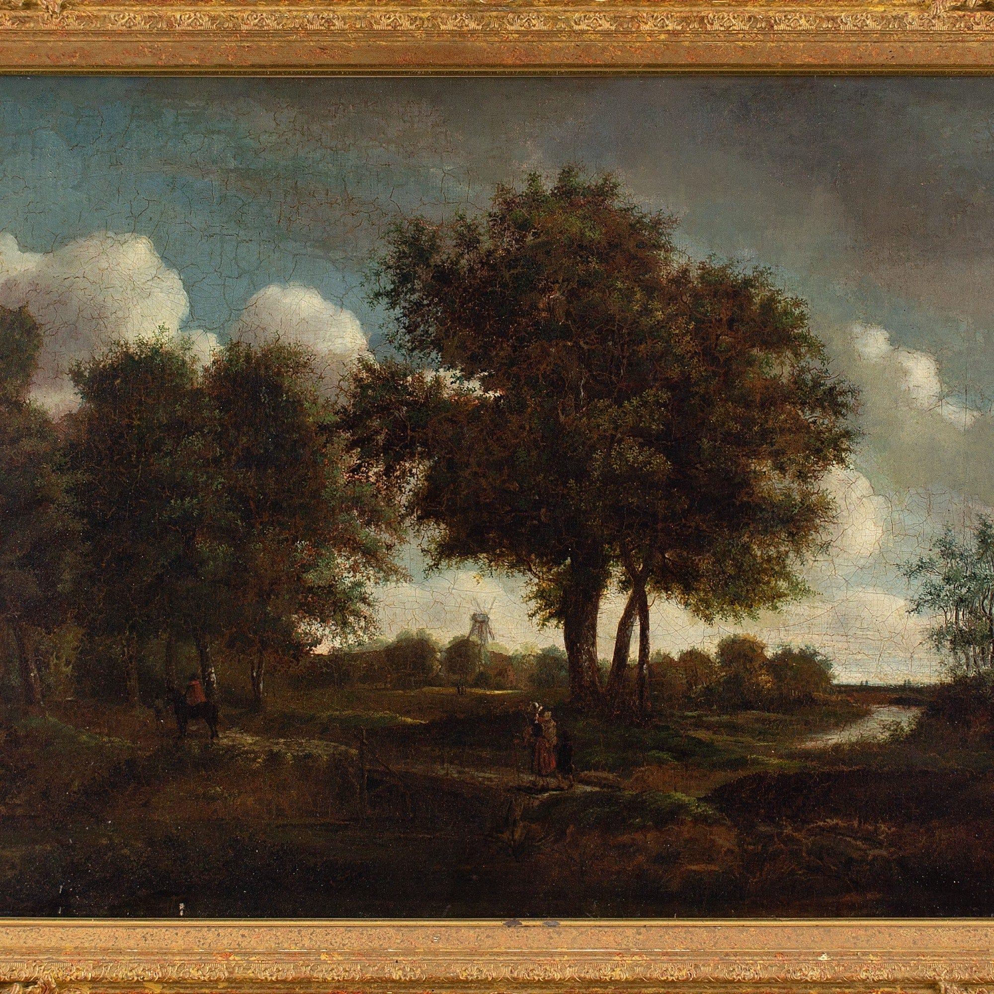 This early 19th-century Dutch school oil painting depicts a family travelling along a country track in a wooded area. The figures are dressed in 17th-century Dutch or Flemish attire.

During the 17th century, flourishing Dutch cities, such as