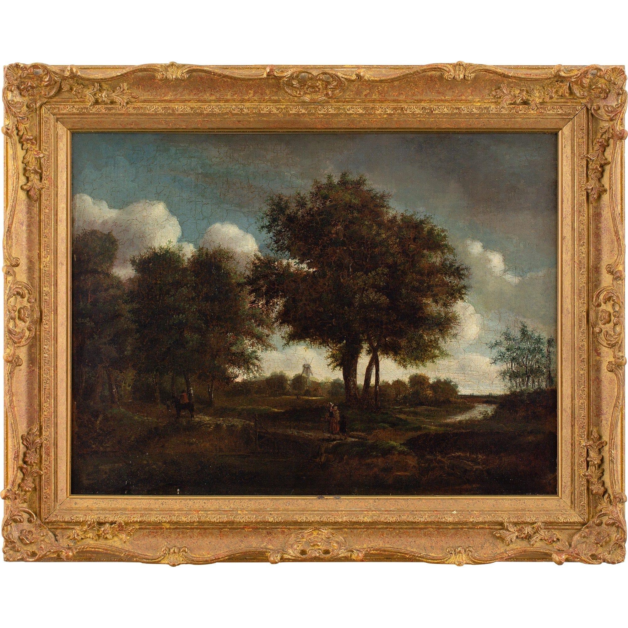 Landscape Painting Unknown - École néerlandaise du début du XIXe siècle, paysage avec famille en voyage et moulin à vent