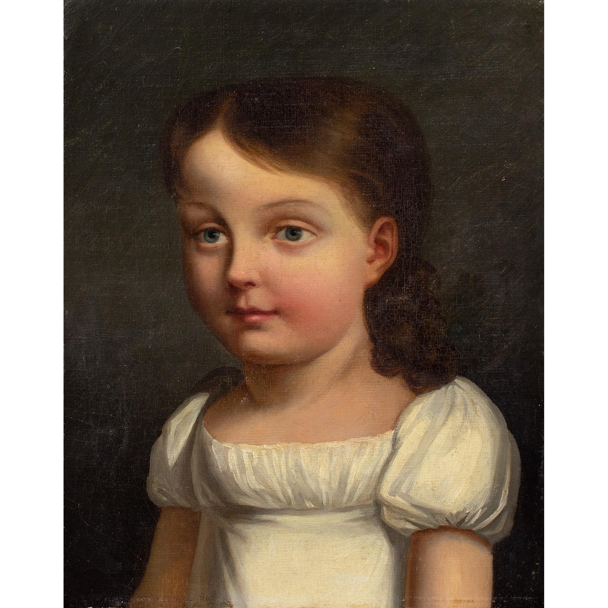 This early-19th-century French School oil painting depicts a young doe-eyed girl wearing an empire dress.

Dating to the reign of Napoleon Bonaparte, this charming portrait captures the beloved daughter of a notable French family. Sitting patiently,