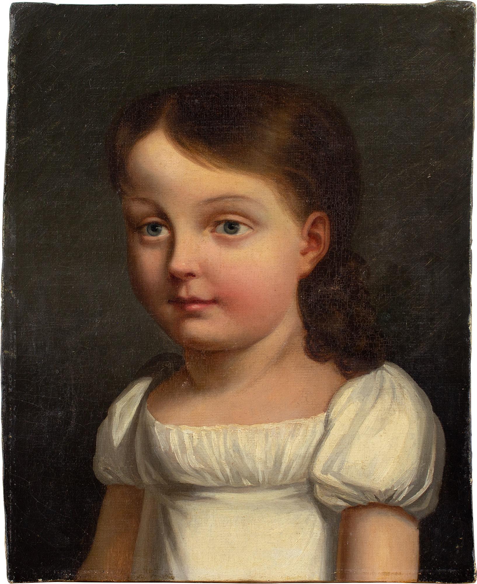 Early 19th-Century French School, Portrait Of A Girl, Antique Oil Painting 