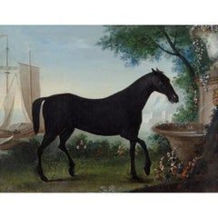 Escuela alemana de principios del siglo XIX, Retrato de un caballo negro en un paisaje