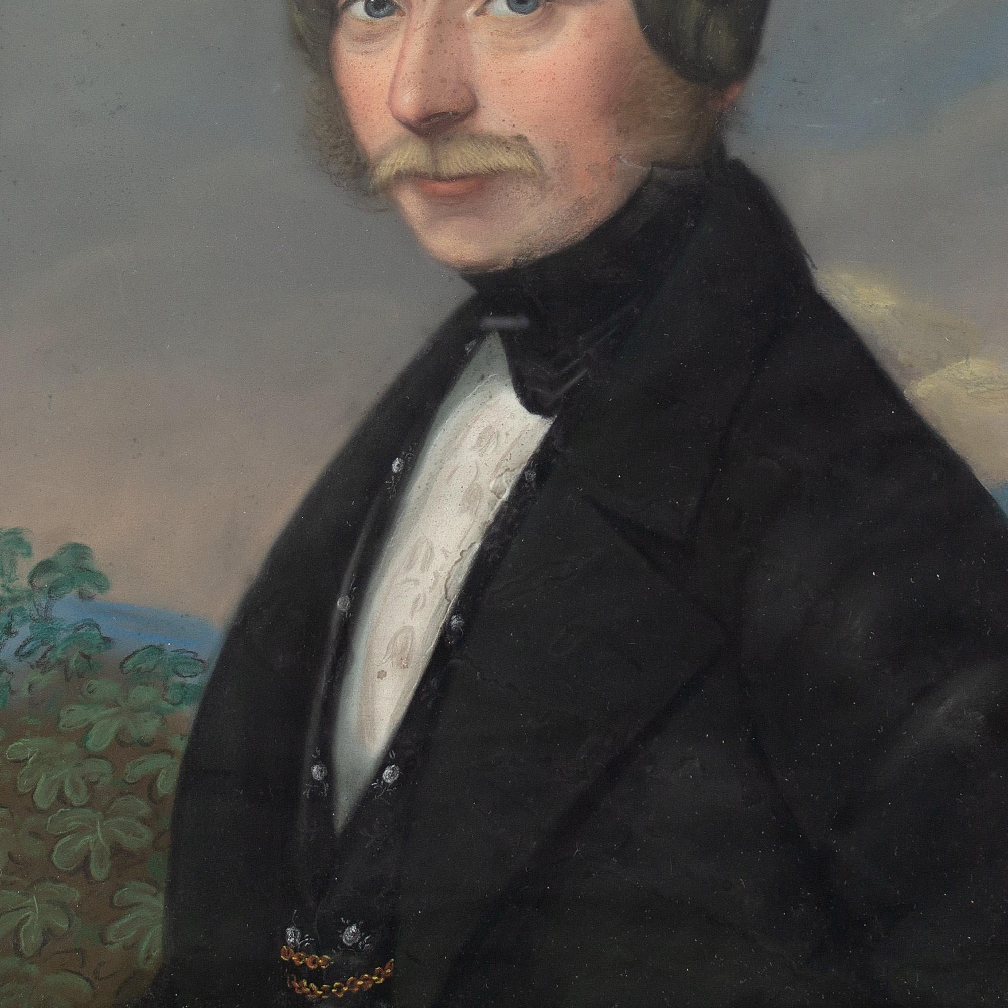 This early 19th-century German school portrait depicts a dapper gentleman with a blonde moustache. He’s standing among nature under a turbulent sky.

In 1835, Germany was nearing the end of its Romantic period whereby artists such as Caspar David