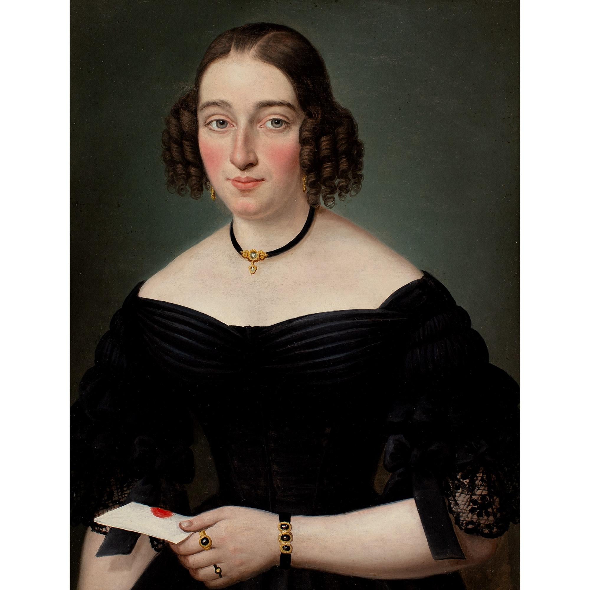 Scuola tedesca dell'inizio del XIX secolo, Ritratto di signora con lettera - Painting di Unknown