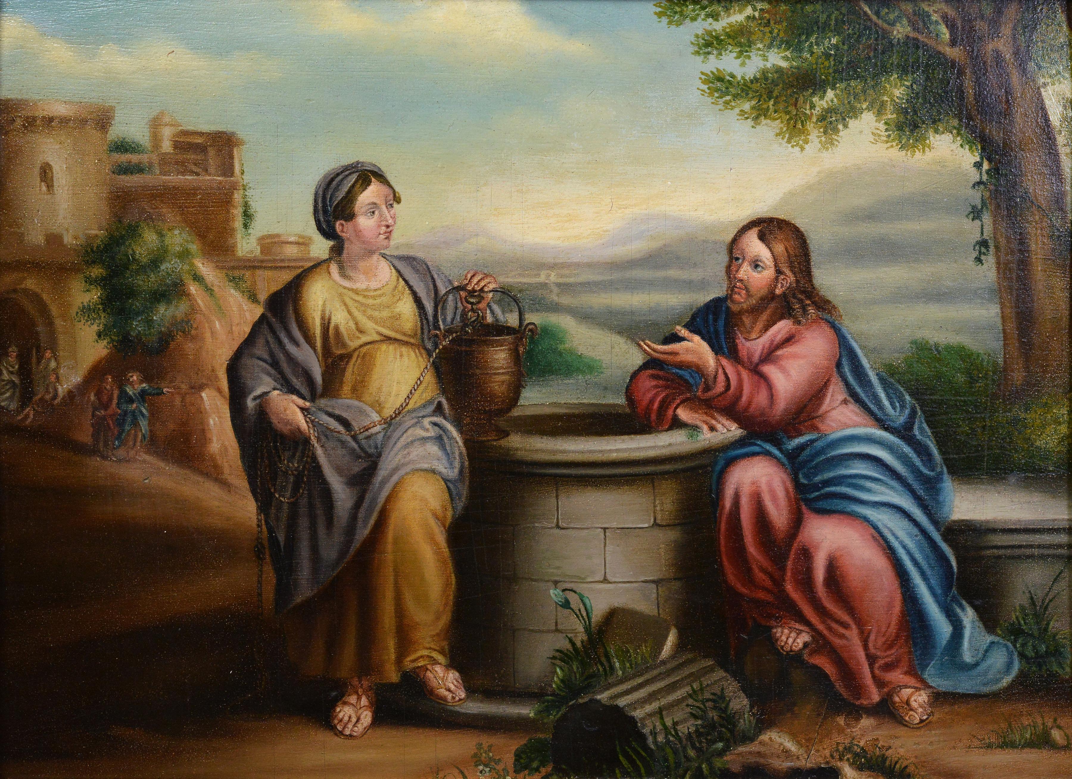 Scène d'évangile du début du 19e siècle Jésus et la Samaritaine au puits Peinture à l'huile encadrée - Réalisme Painting par Unknown