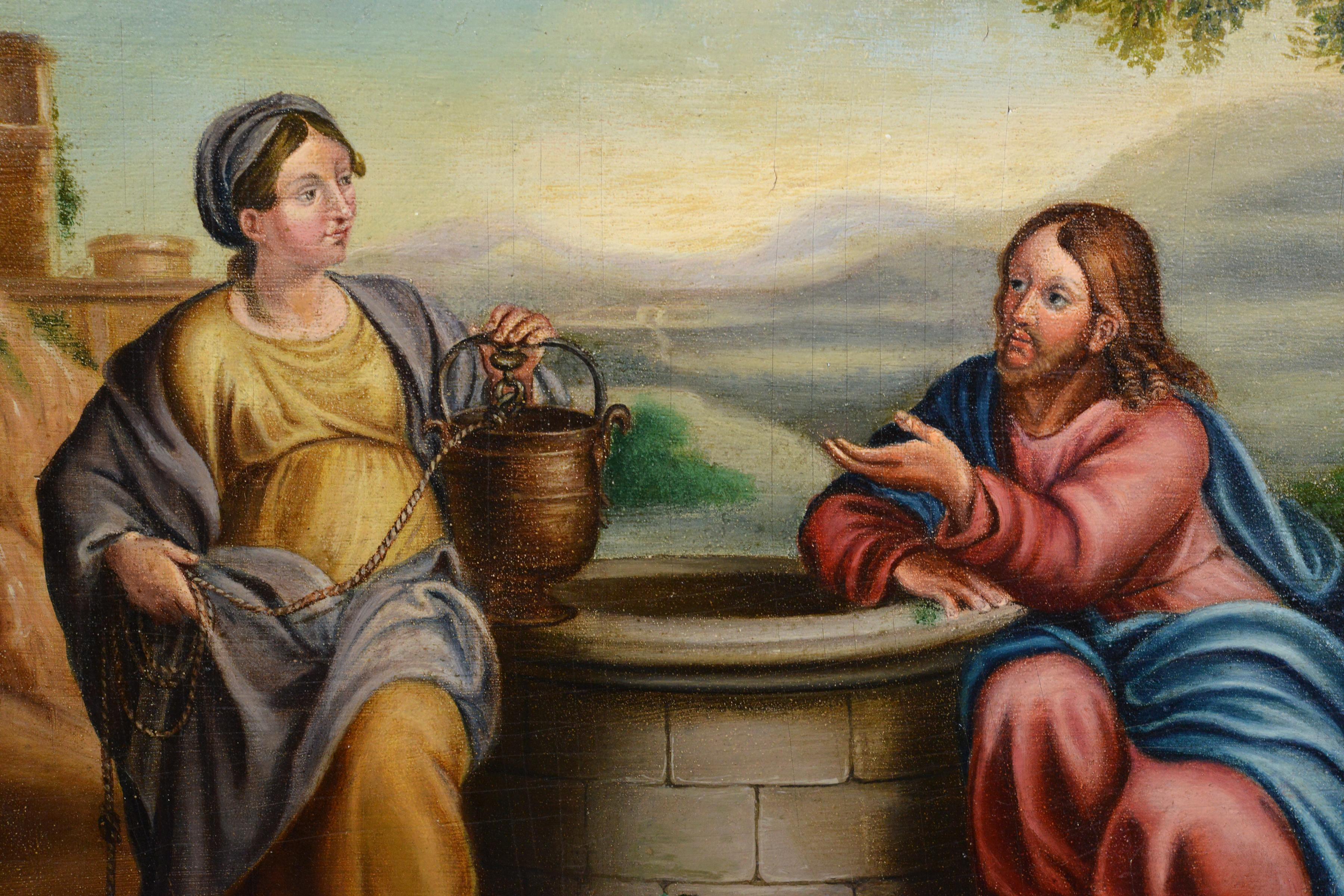 Scène d'évangile du début du 19e siècle Jésus et la Samaritaine au puits Peinture à l'huile encadrée - Marron Figurative Painting par Unknown