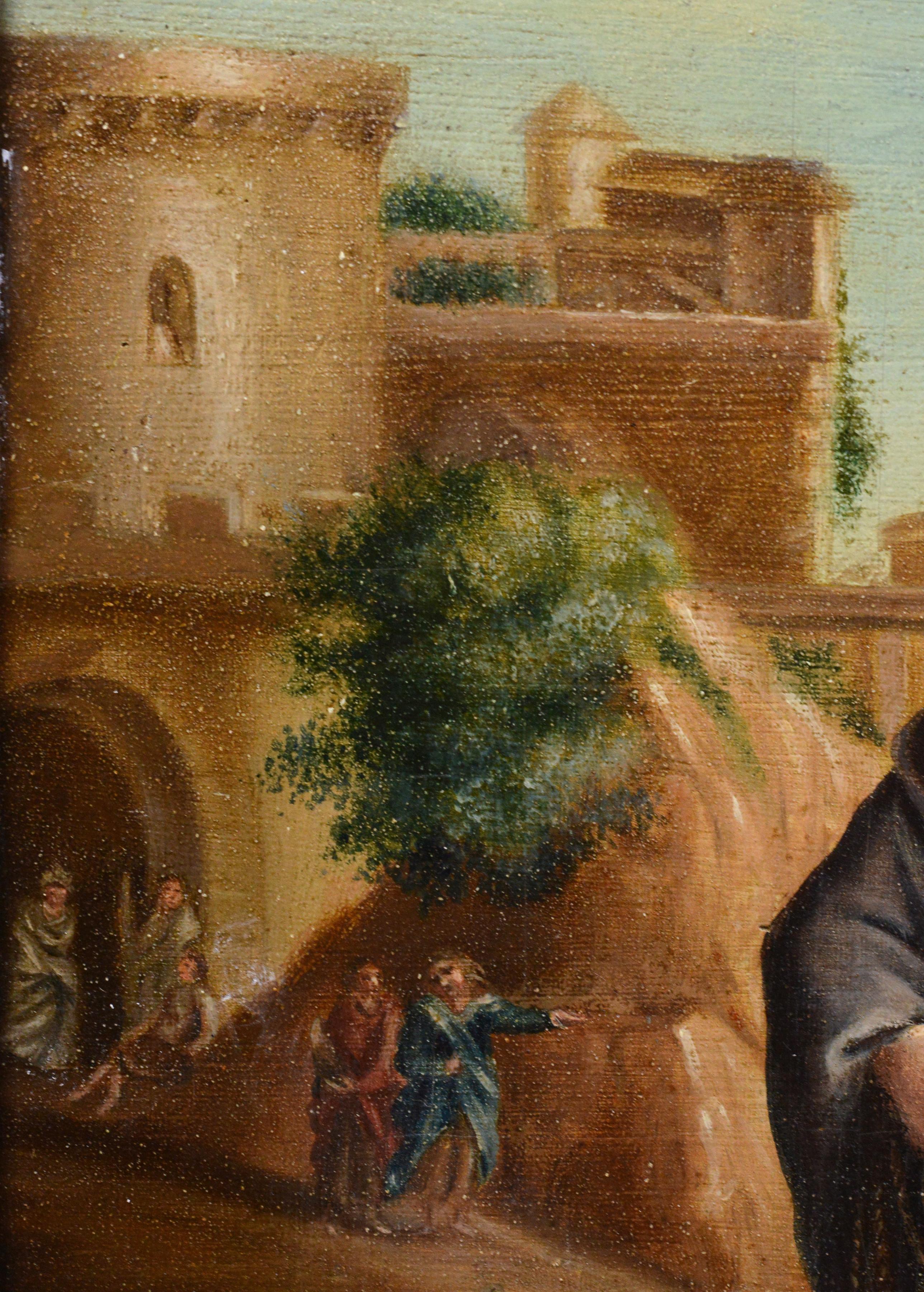Cette peinture religieuse ancienne représente une scène biblique dans laquelle Jésus s'entretient avec la Samaritaine au puits de Jacob près de Sychar (Jean 4:4 - 42). L'artiste emploie une composition équilibrée avec une profondeur spatiale et une