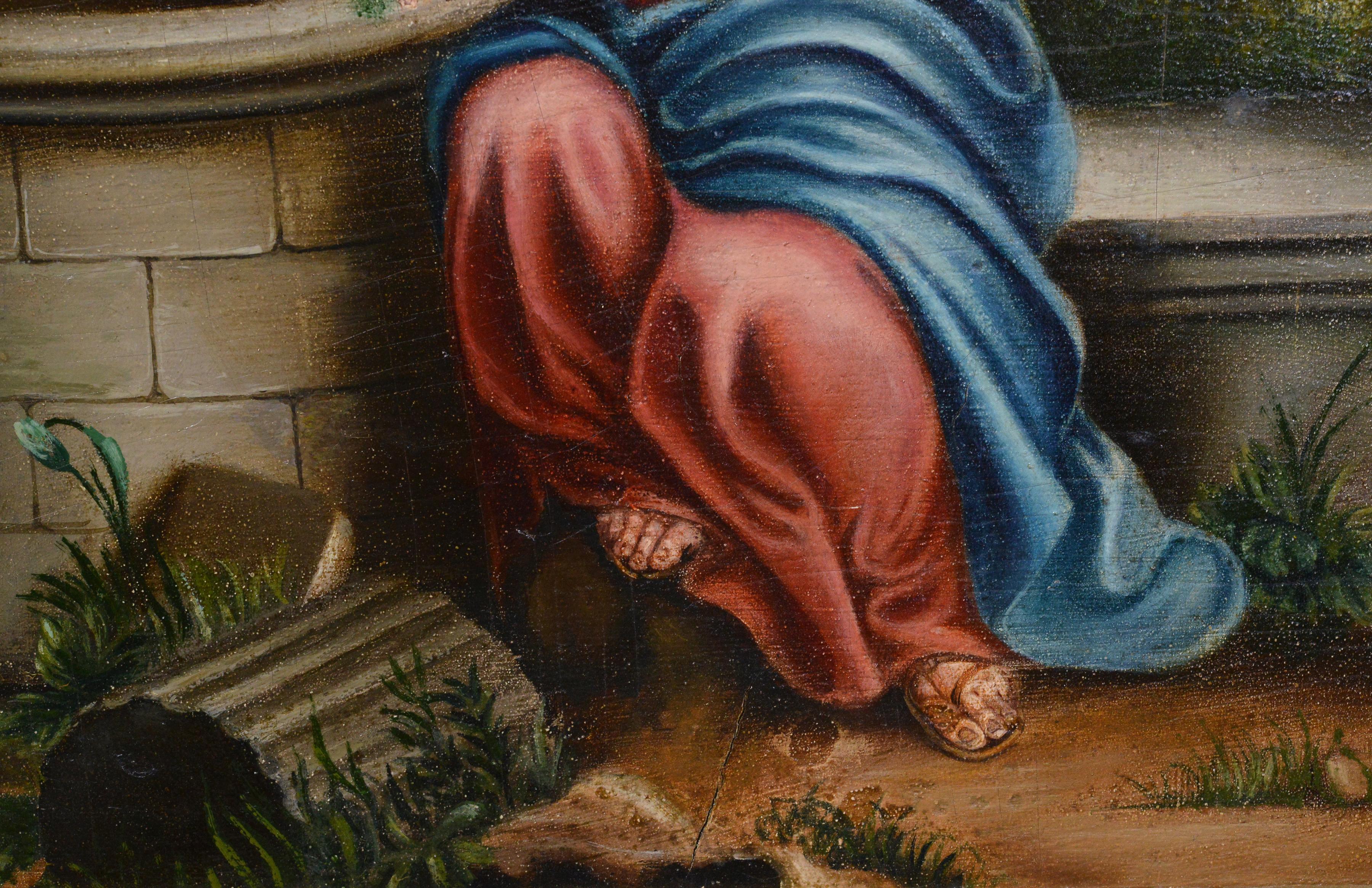 Scène d'évangile du début du 19e siècle Jésus et la Samaritaine au puits Peinture à l'huile encadrée en vente 1