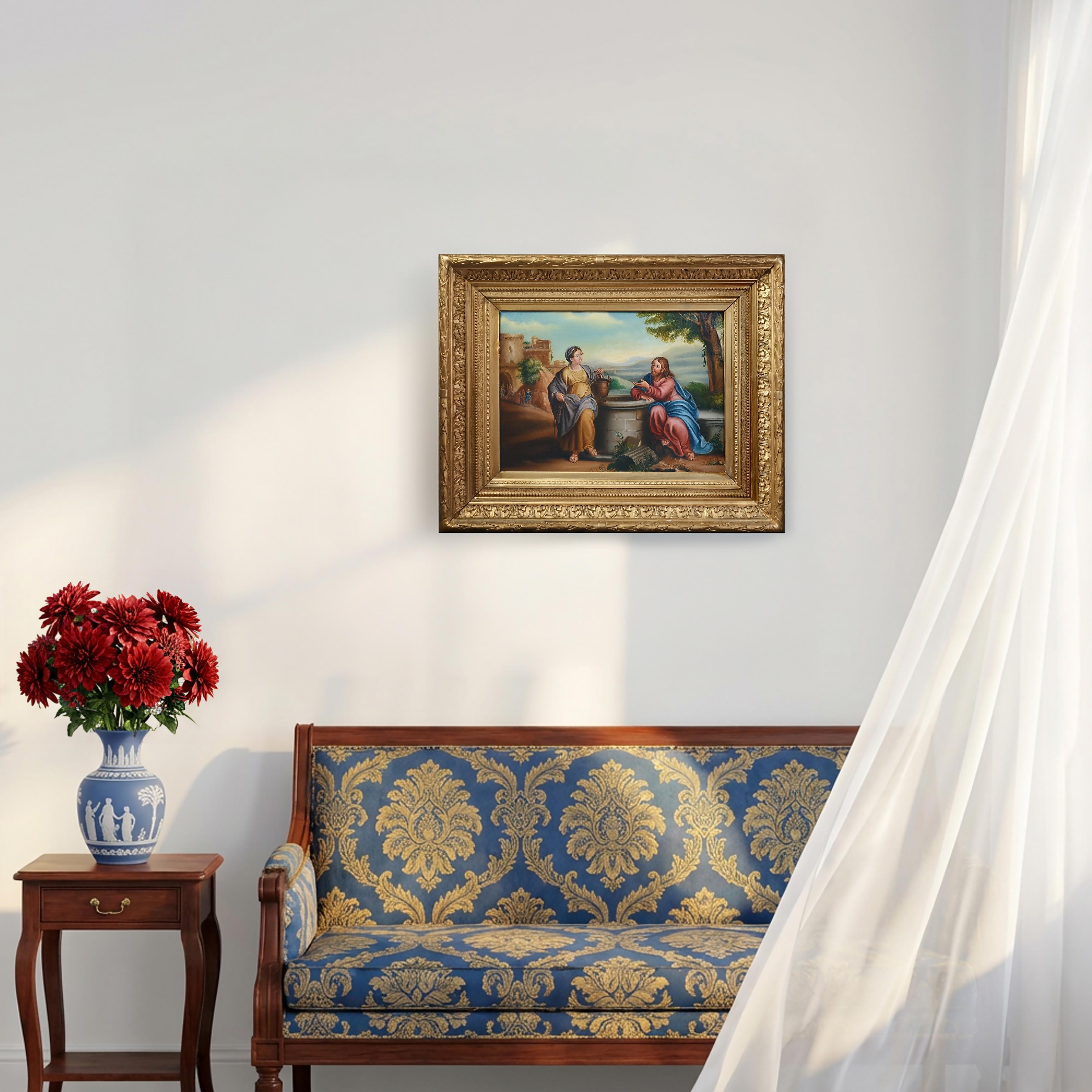 Scène d'évangile du début du 19e siècle Jésus et la Samaritaine au puits Peinture à l'huile encadrée en vente 3