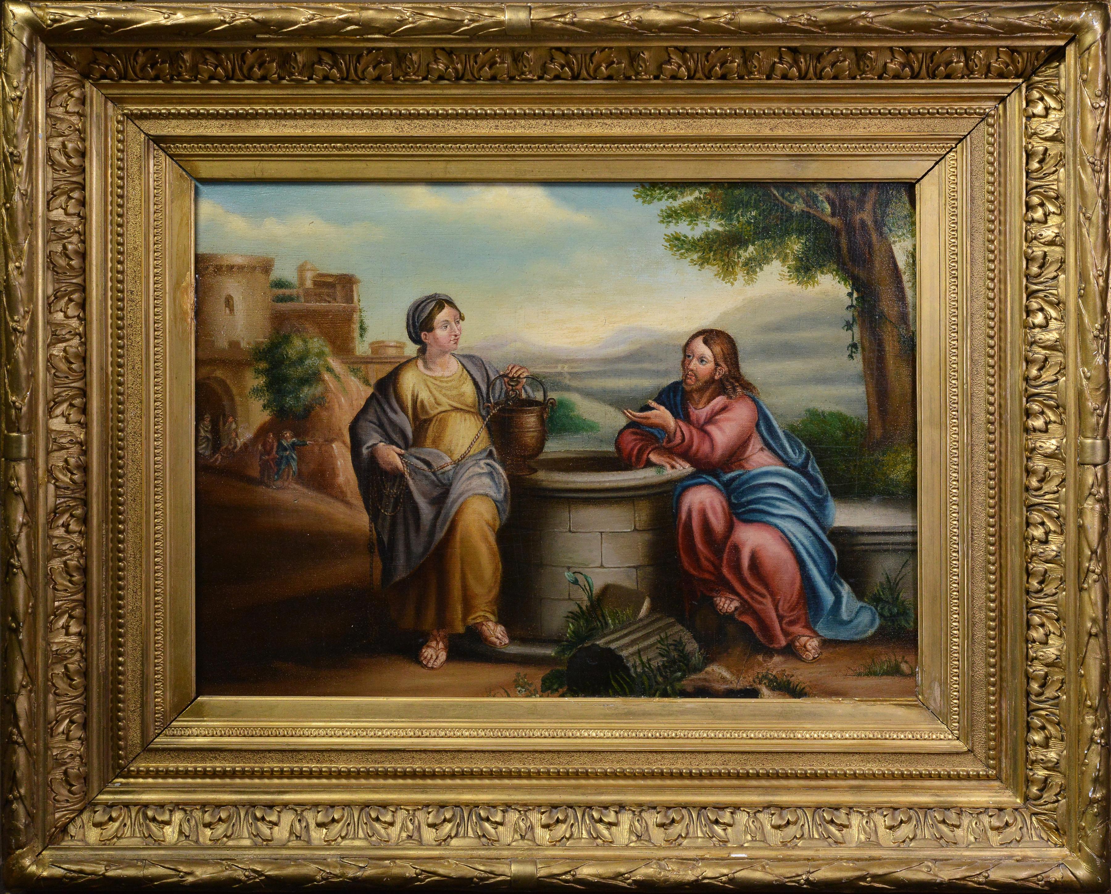 Early 19th Century Gospel Scene Jesus and Samaritan at Well Oil Painting Framed