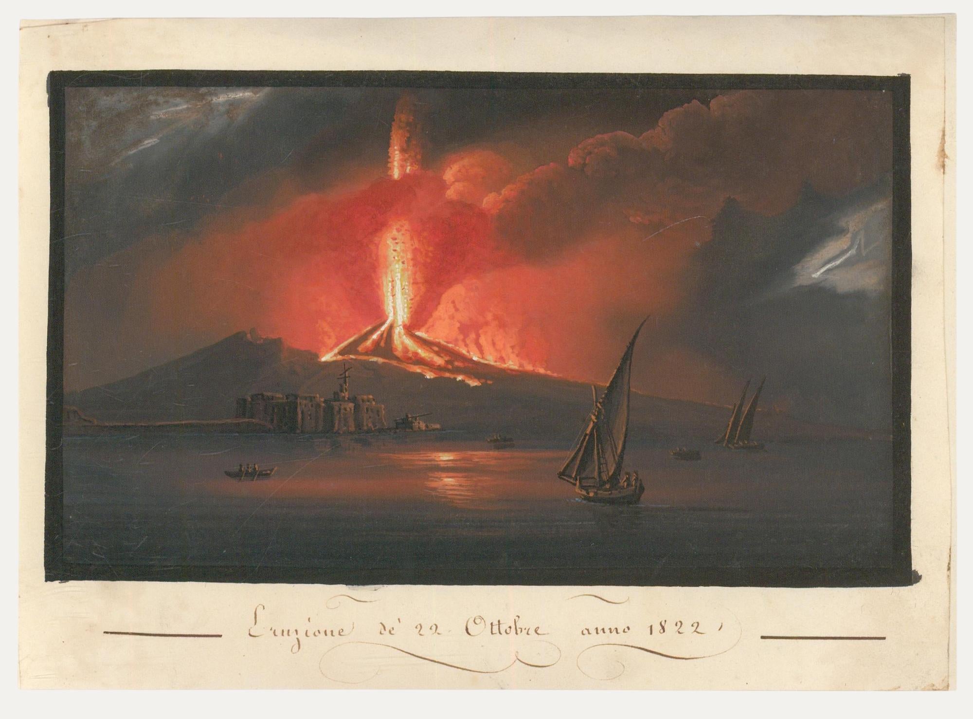 Unknown Landscape Painting - Early 19th Century Gouache - The Eruption of Mount Vesuvius II