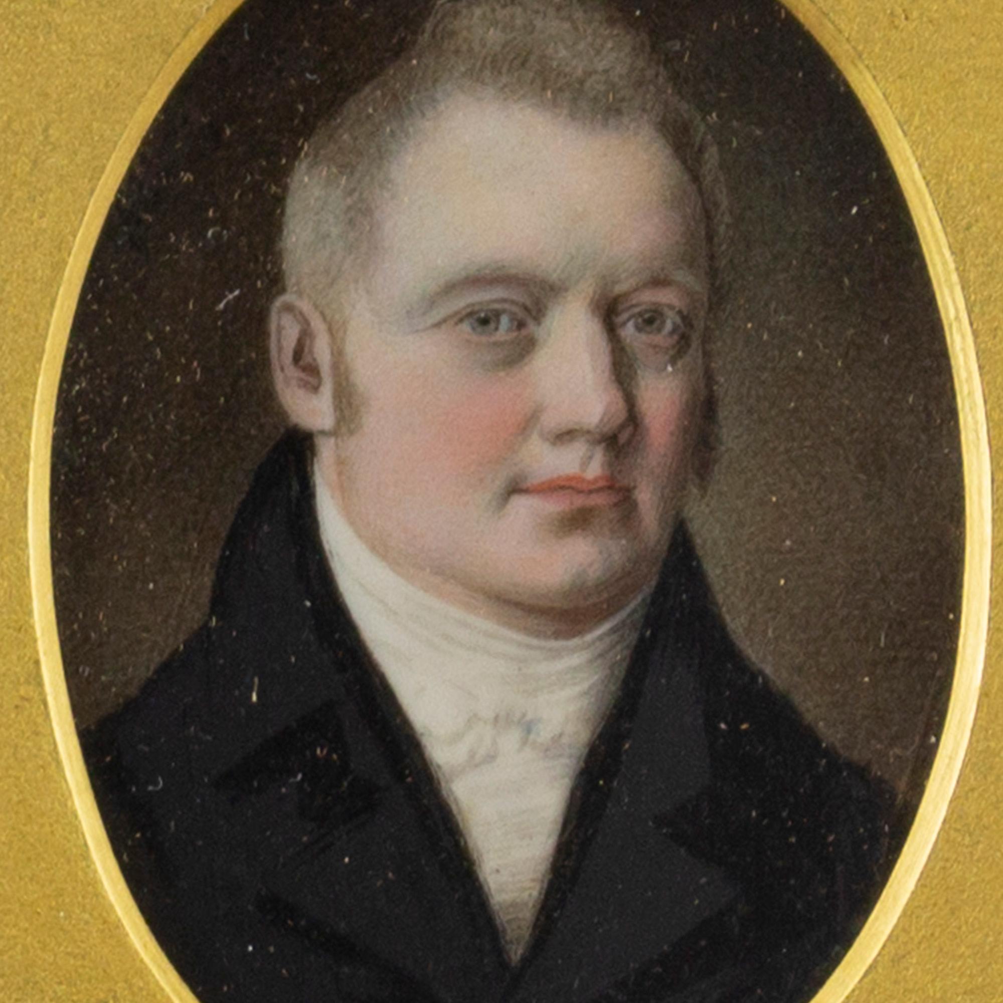 Early 19th-Century Miniature Portrait Of A Gentleman, Oil On Card - English School Painting by Unknown