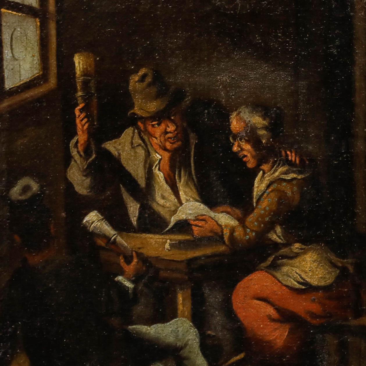 Eine charmante Genreszene aus dem frühen 19. Jahrhundert, die Figuren zeigt, die sich in einer Taverne streiten. Nicht signiert. Präsentiert in einem Holzrahmen mit einem vergoldeten Innenfenster. Auf Leinwand.