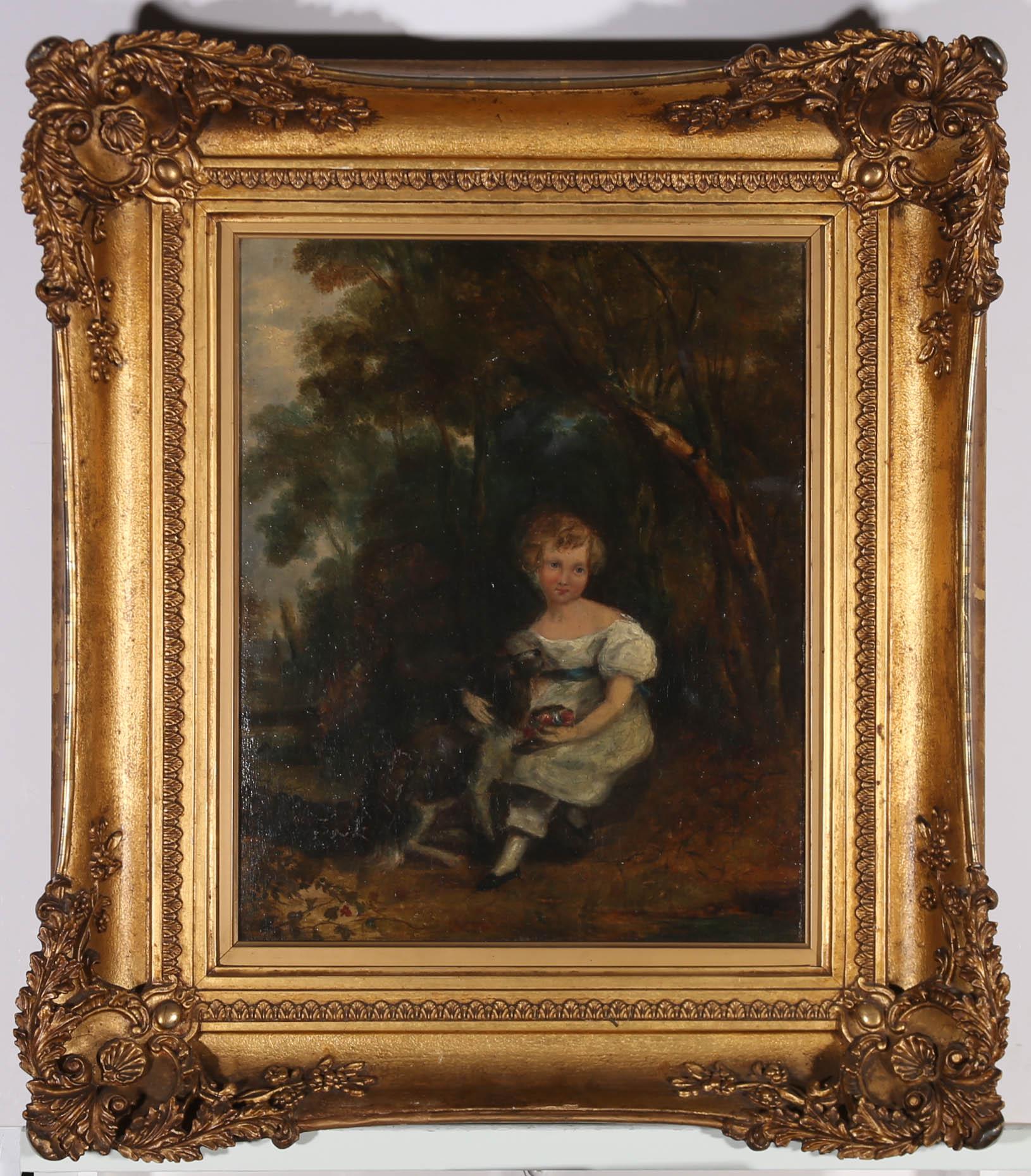 A fine early 19th Century portrait in oil, showing a young boy in traditional smock dress and trousers, holding a posy of flowers as his little dog rests its head lovingly in his lap. The painting is unsigned and presented in a substantial late 19th