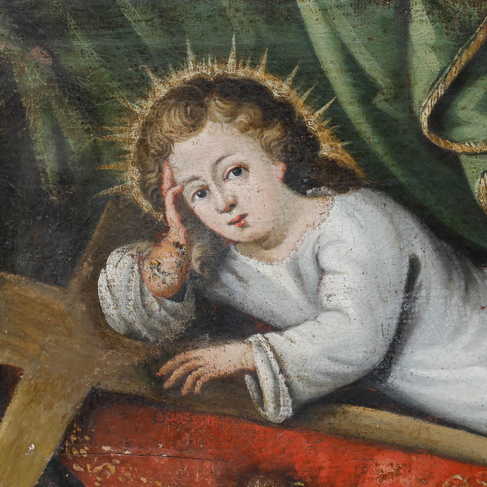 A delightful early 19th century oil depicting an angelic Christ child surrounded by Arma Christi - 'weapons of Christ'. The soft, luminous rendering of Christ against rich velvety textures conveys an air of reverence, whilst the symbolism of the