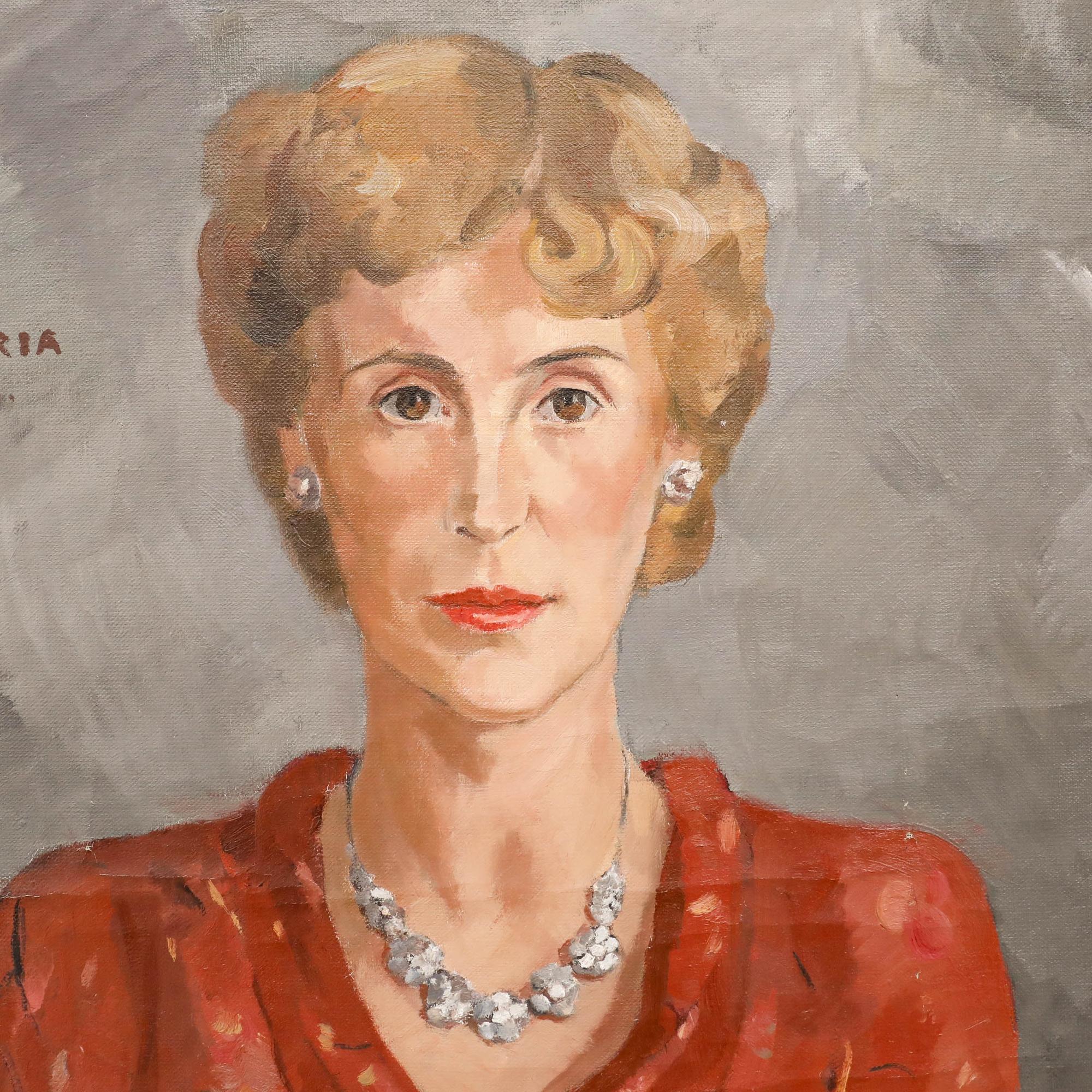This formal portrait depicts a middle-aged woman with styled blonde hair, seated with her arms crossed and wearing an elegant burgundy dress adorned with a pearl necklace. Titled upper left with Bavarian coat of arms and inscribed 