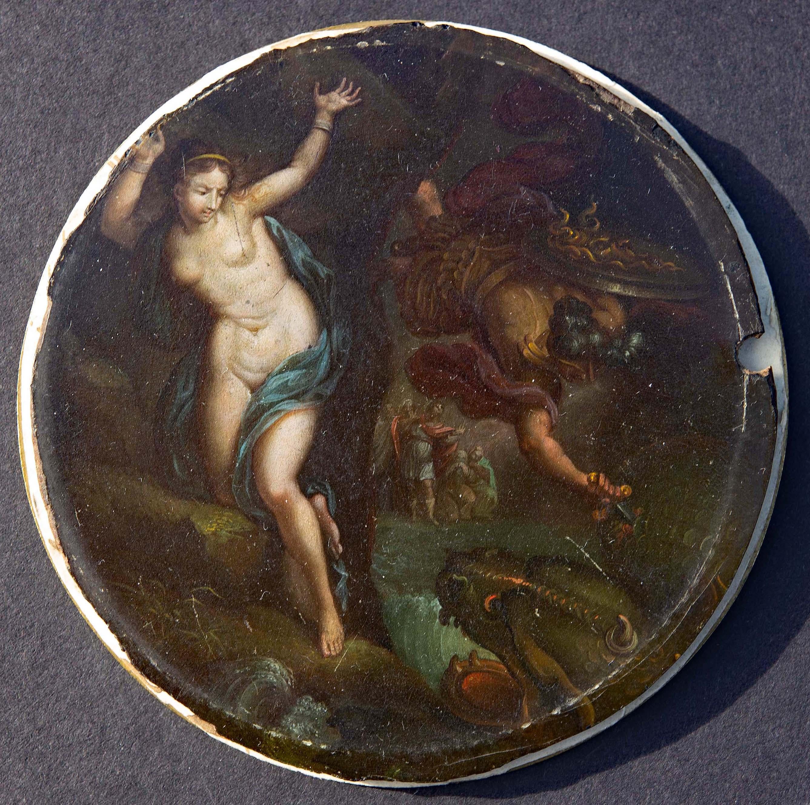 Antique miniature oil painting of Perseus and Andromeda on papier mache. Extraordinary detail. Titled and artist monogram on reverse. Probably German. Early 19th century in a brass frame. Interesting paper backing.










# russian french old