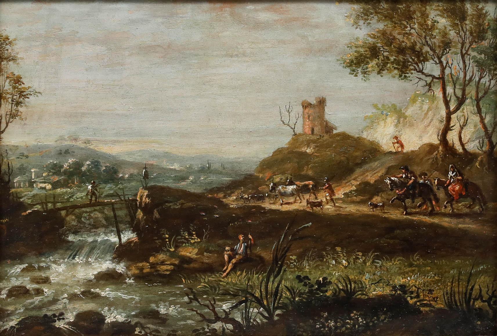Early 19th Century Oil - River Path To The Castle - Painting by Unknown