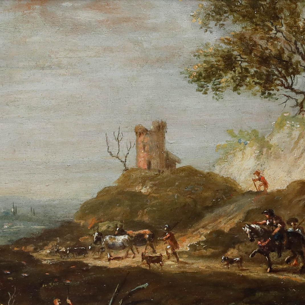 A beautifully detailed scene captured in an Old Master style depicting figures and animals walking the river path towards an Italian-style castle. The trees, landscape and small figures are all indicative of a classic early 19th-century European