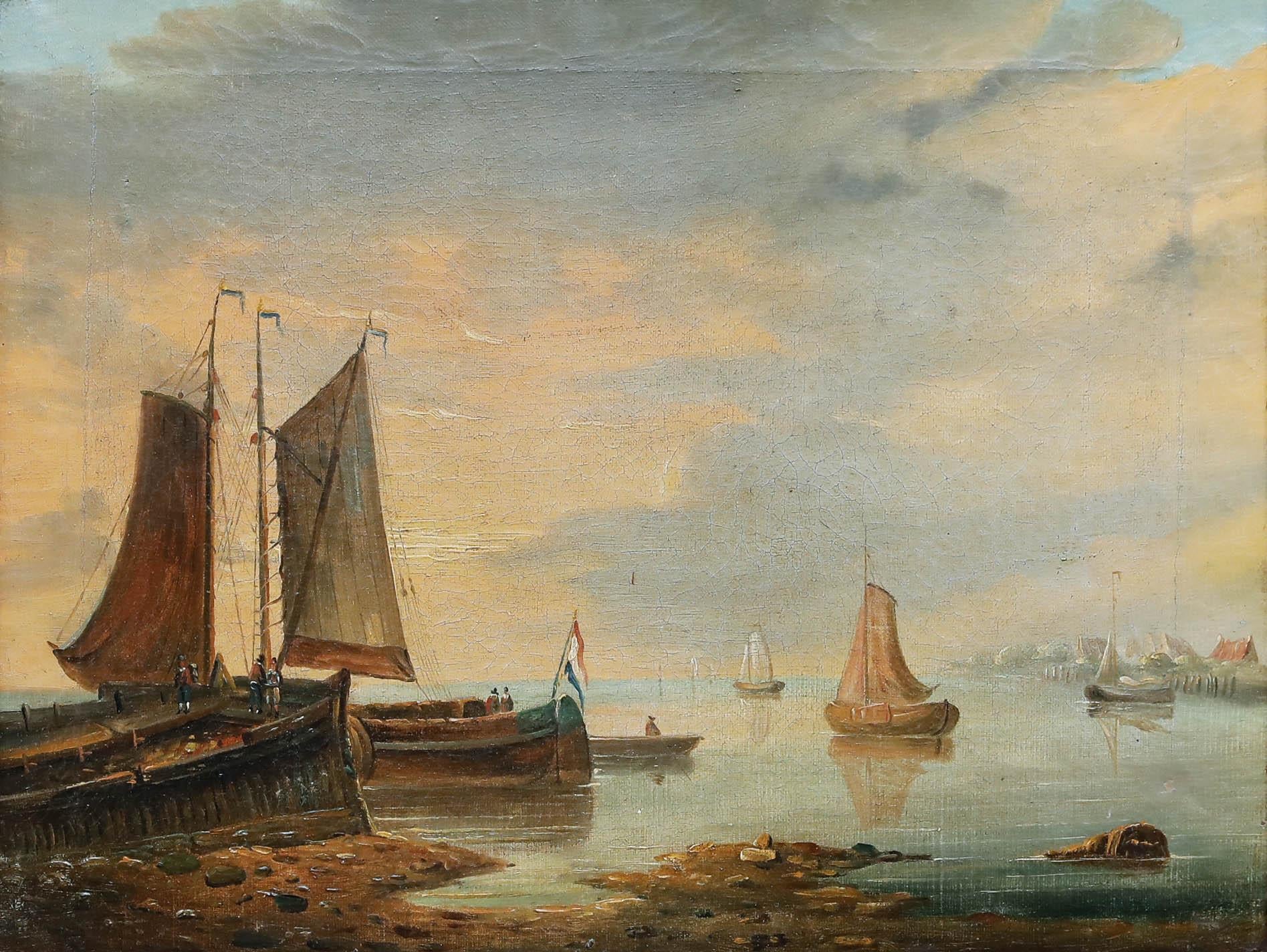 Huile du début du 19e siècle - Navires au bord de la mer - Painting de Unknown