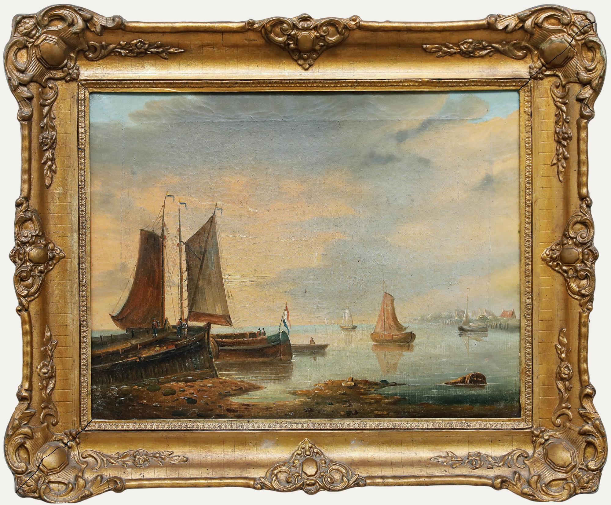 Öl aus dem frühen 19. Jahrhundert - Schiffe an der Küste
