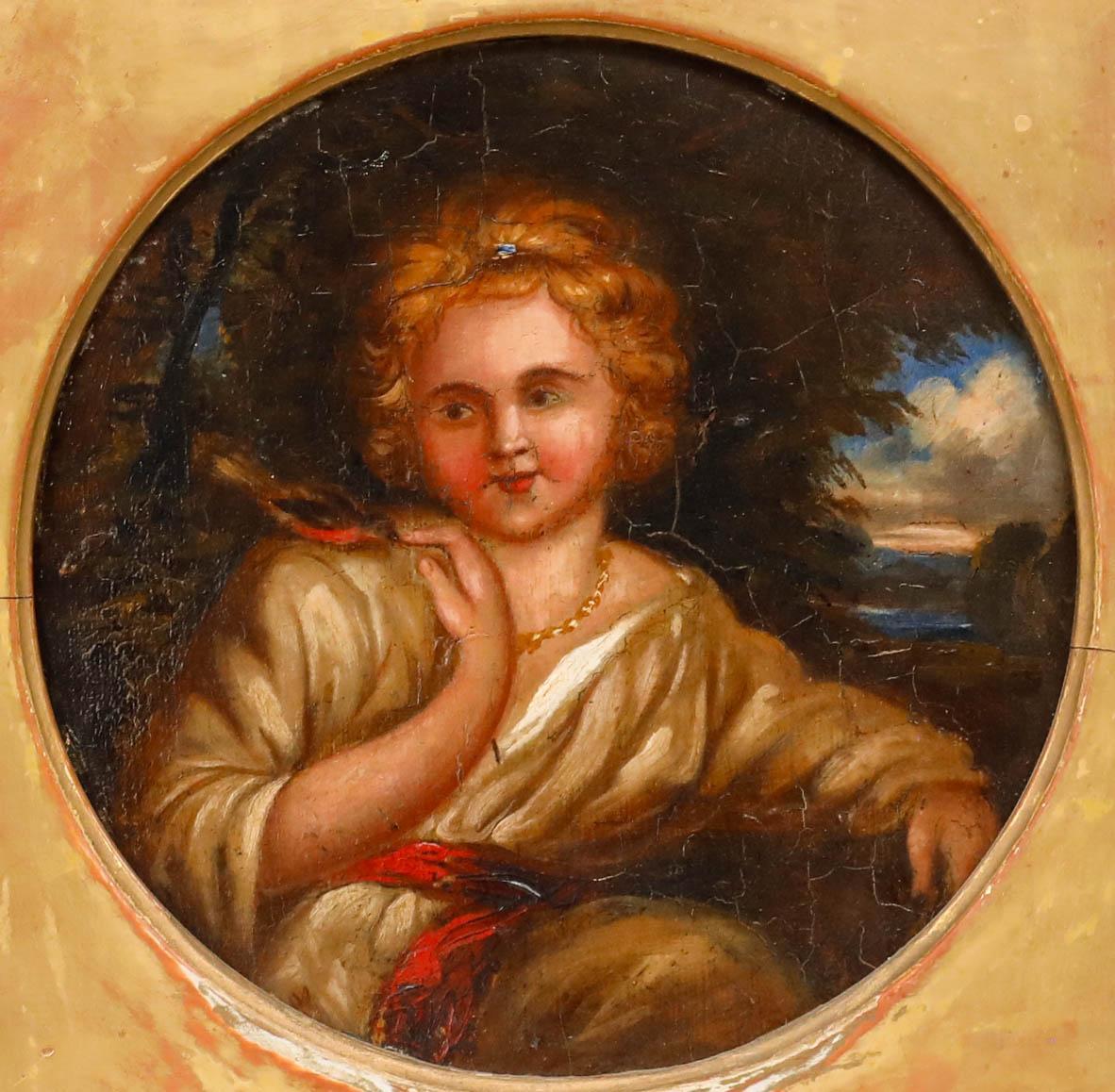 Early 19th Century Oil - The Girl and the Robin - Painting by Unknown