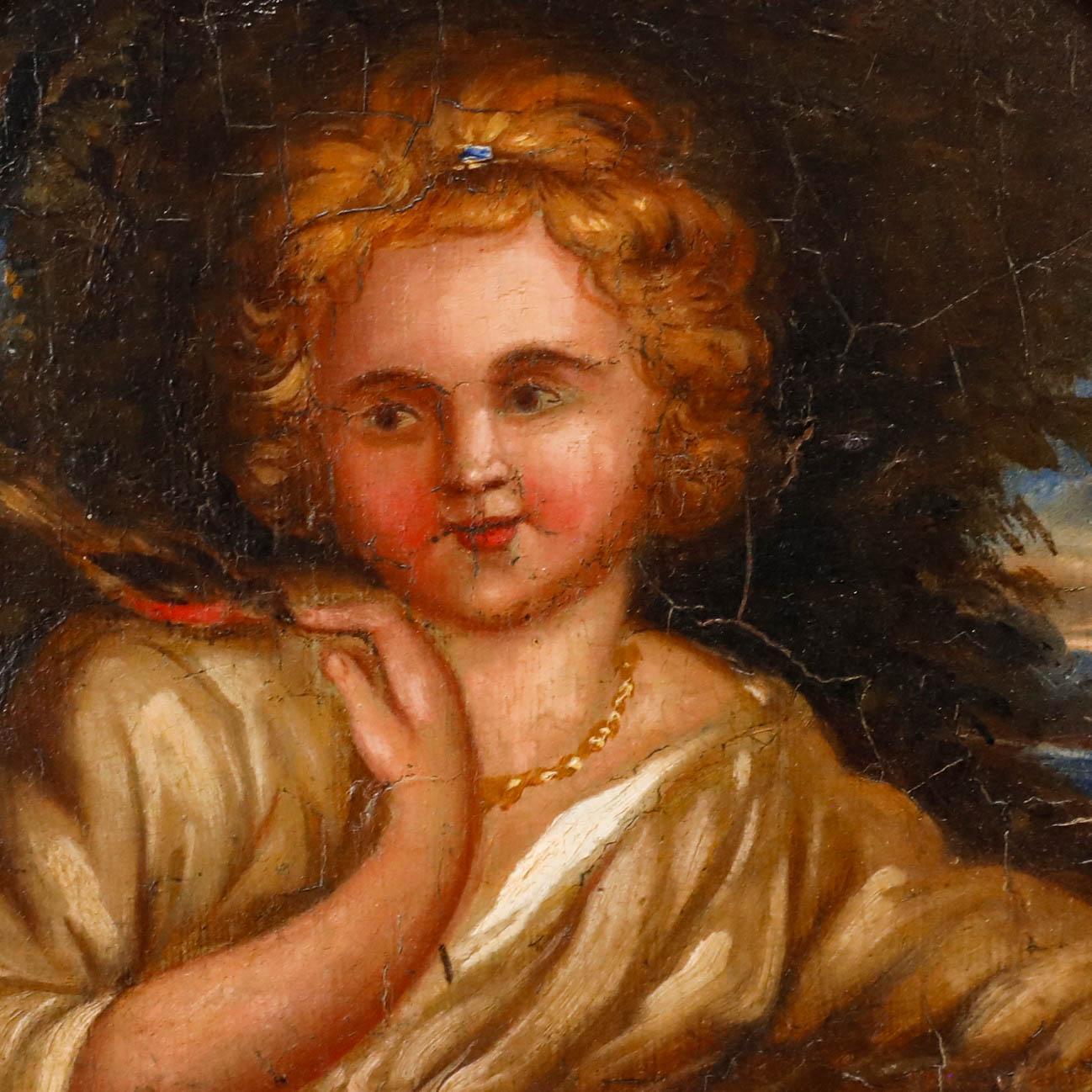 This charming early 19th-century oil depicts a young girl in golden robes with a robin perched on her shoulder. The artist has bathed the subject in golden light, highlighting details such as her glittering necklace and the sapphire jewel adorning