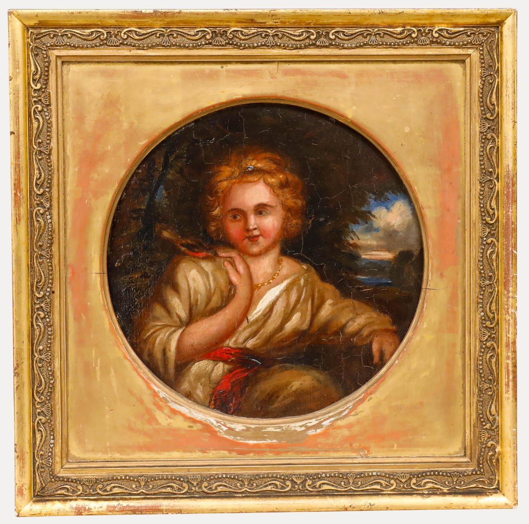 Unknown Portrait Painting - Early 19th Century Oil - The Girl and the Robin