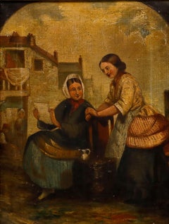 Peinture à l'huile du début du XIXe siècle - Des femmes discutant dans la rue