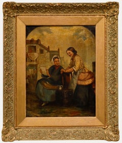 Peinture à l'huile du début du XIXe siècle - Des femmes discutant dans la rue