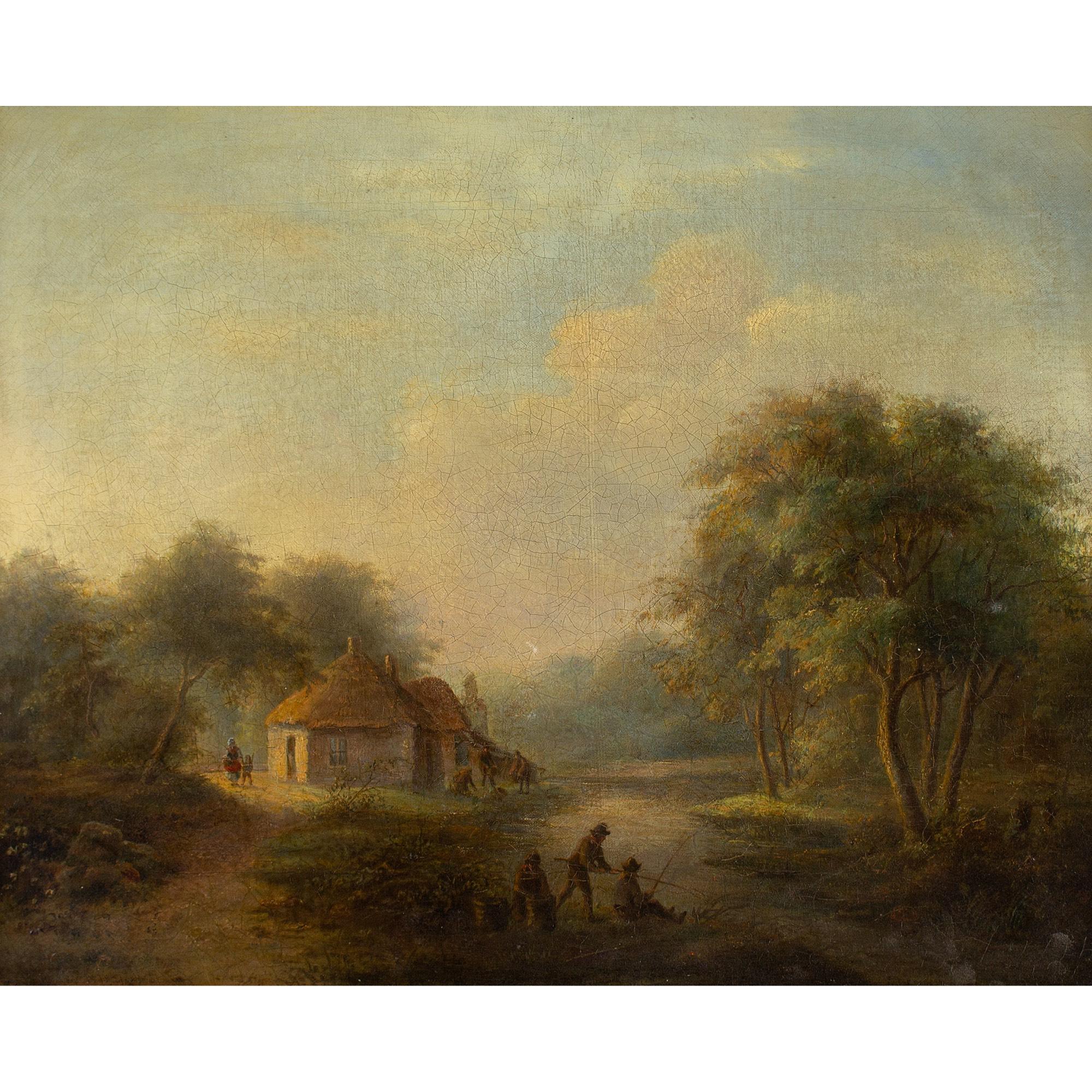 Scuola svedese dell'inizio del XIX secolo, Paesaggio fluviale con cottage e pescatori - Painting di Unknown