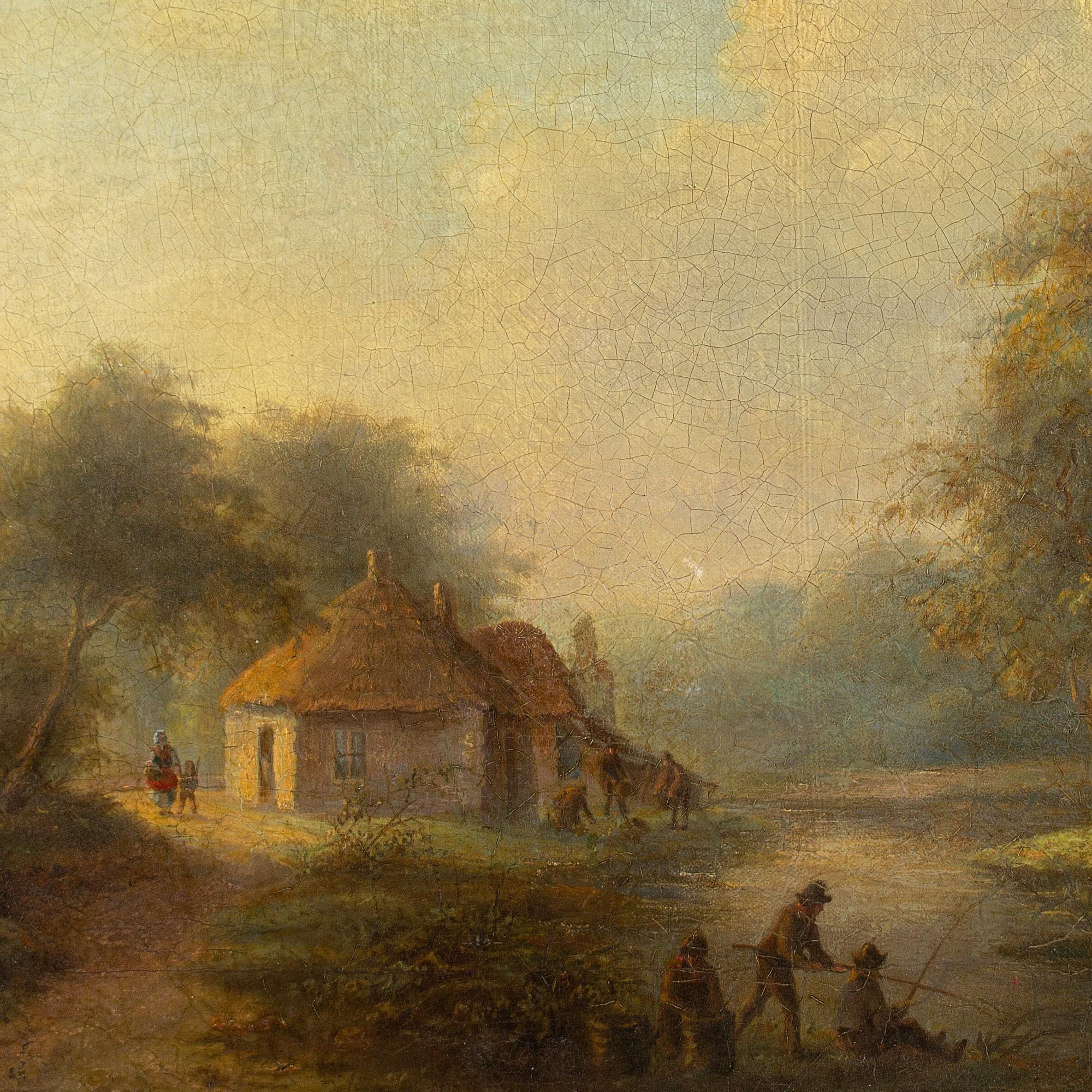 Scuola svedese dell'inizio del XIX secolo, Paesaggio fluviale con cottage e pescatori 3