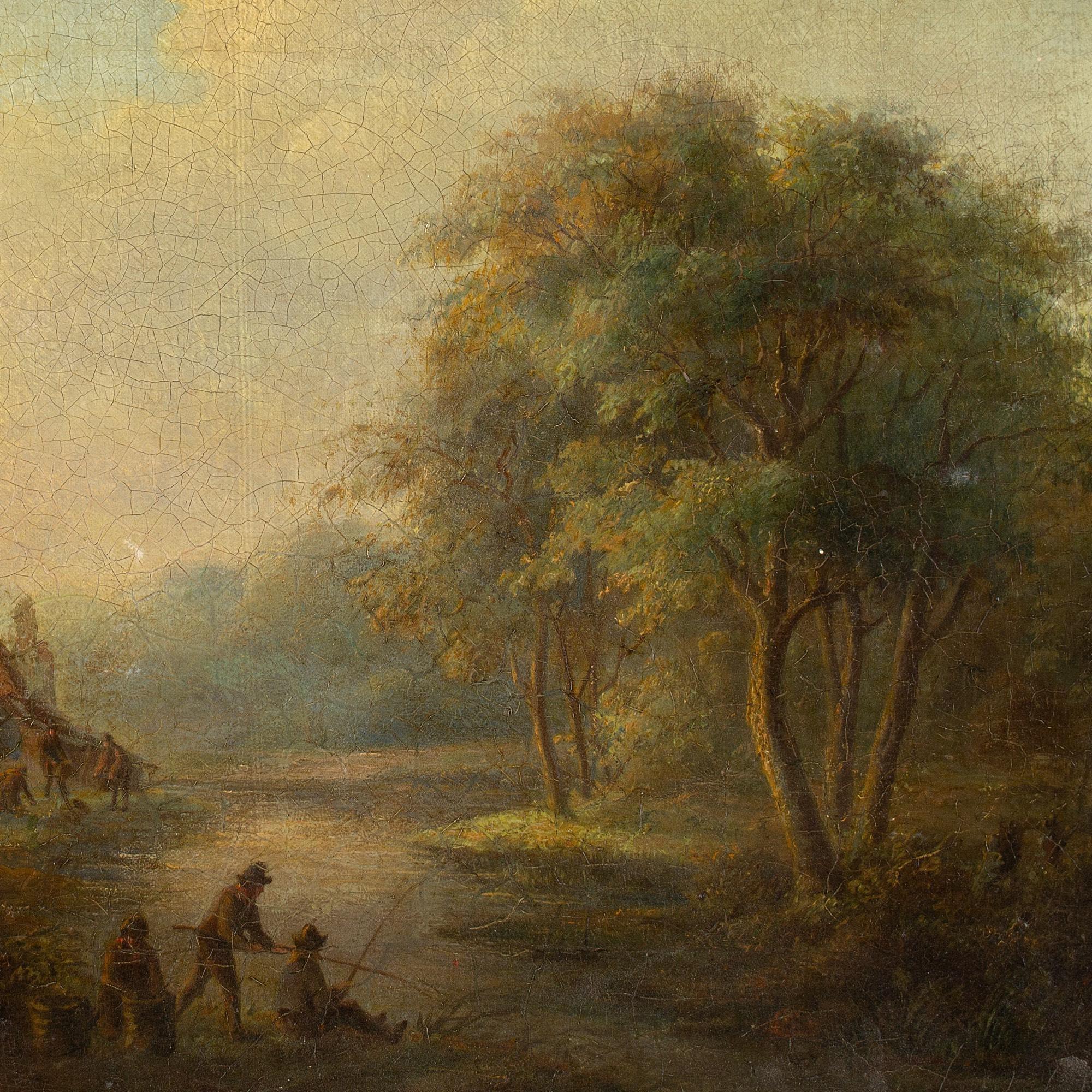 Scuola svedese dell'inizio del XIX secolo, Paesaggio fluviale con cottage e pescatori 4