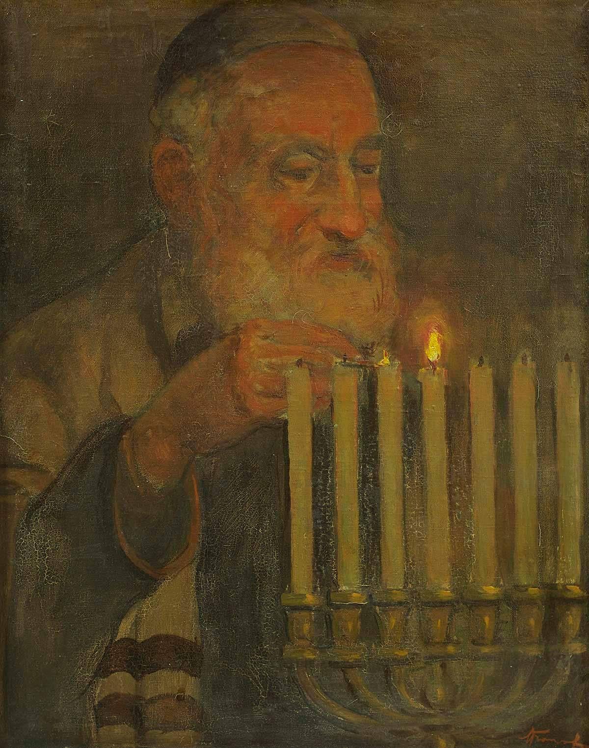 Early 20th C. Grandfather Lighting Menorah Judaica Holiday Painting - Brown Figurative Painting by Unknown