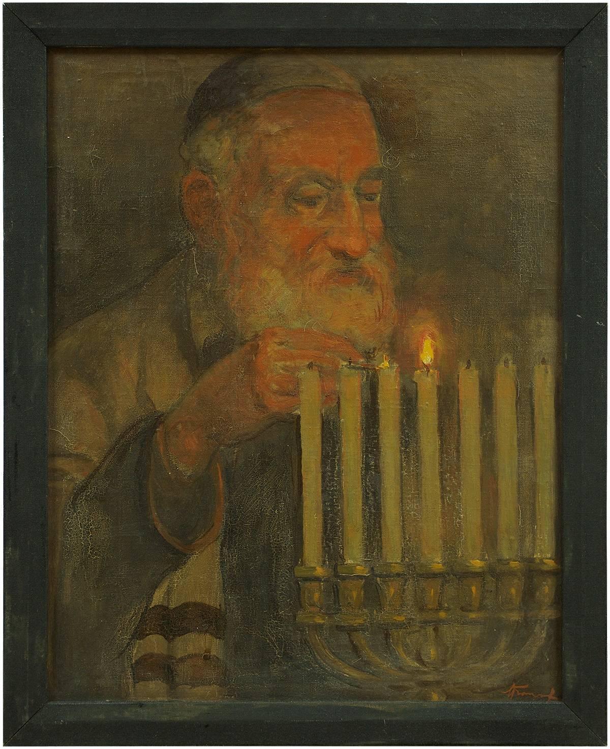 Unknown Figurative Painting - Early 20th C. Grandfather Lighting Menorah Judaica Holiday Painting