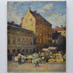 Early 20th C Scandinavian Impressionist Cityscape Market Square Oil Painting