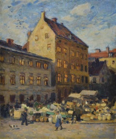 Early 20th C Scandinavian Impressionist Cityscape Market Square Oil Painting