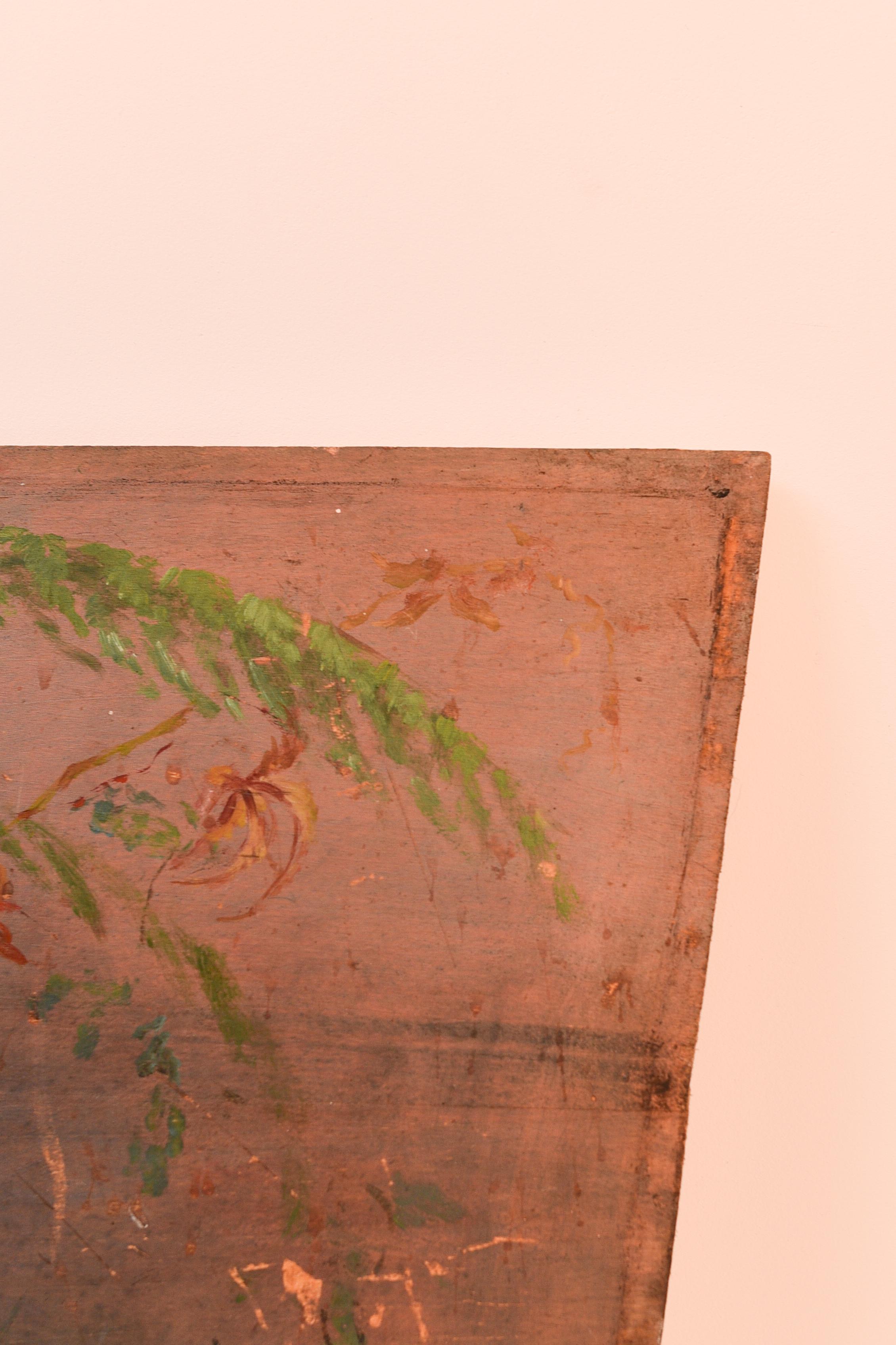 Handbemalte Trapeziumförmige Holztafel des frühen 20. Jahrhunderts mit Blumenmotiven  (Romantik), Painting, von Unknown