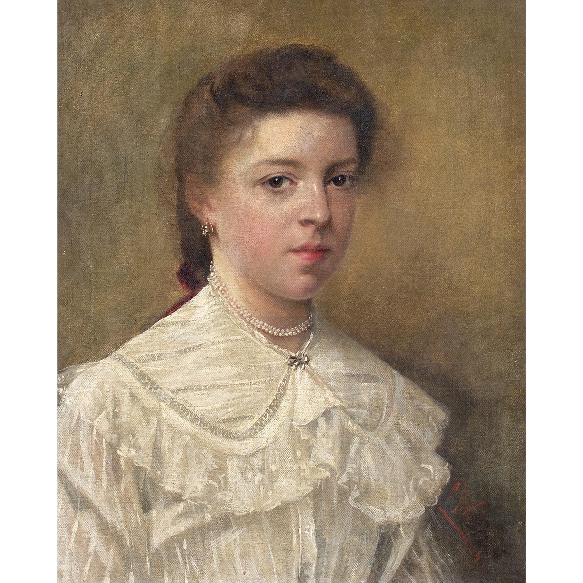 École belge du début du XXe siècle, Portrait d'une jeune fille avec des perles, peinture à l'huile - Painting de Unknown