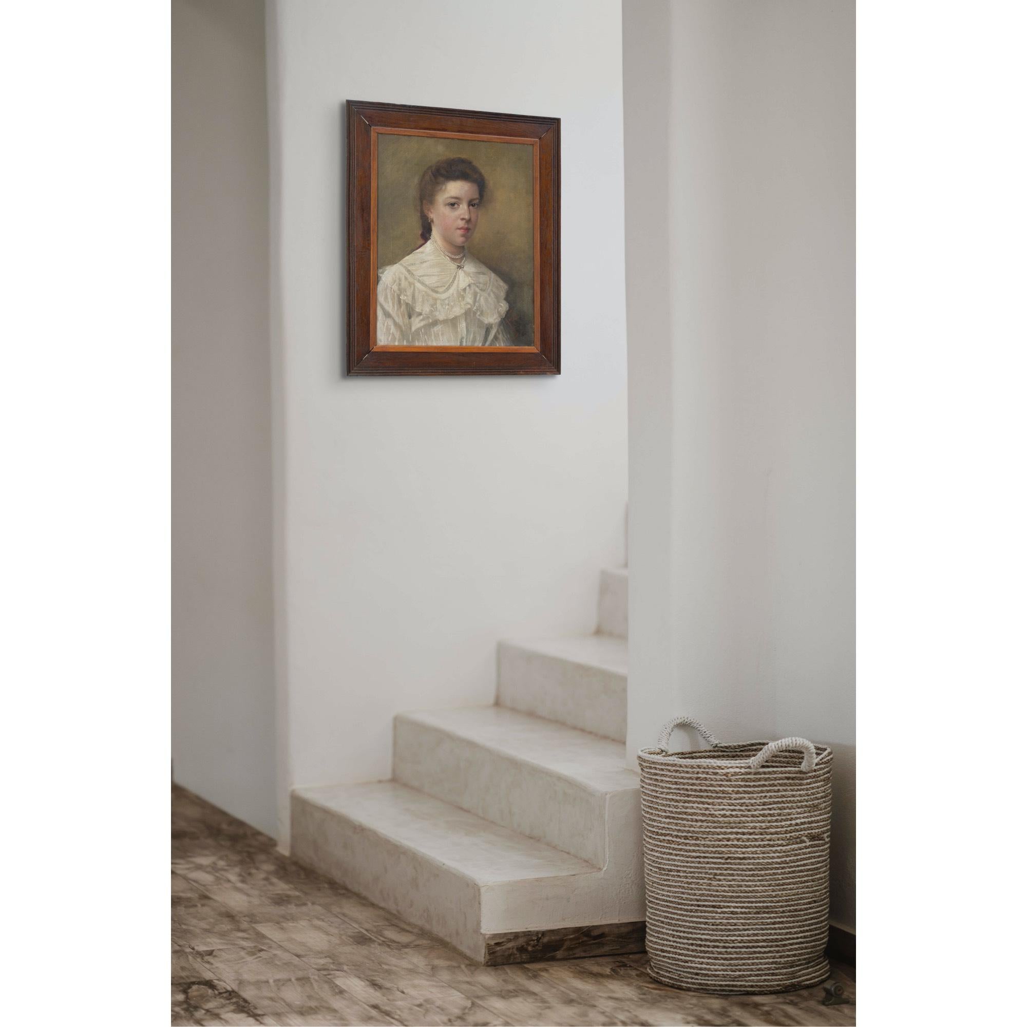 École belge du début du XXe siècle, Portrait d'une jeune fille avec des perles, peinture à l'huile 1