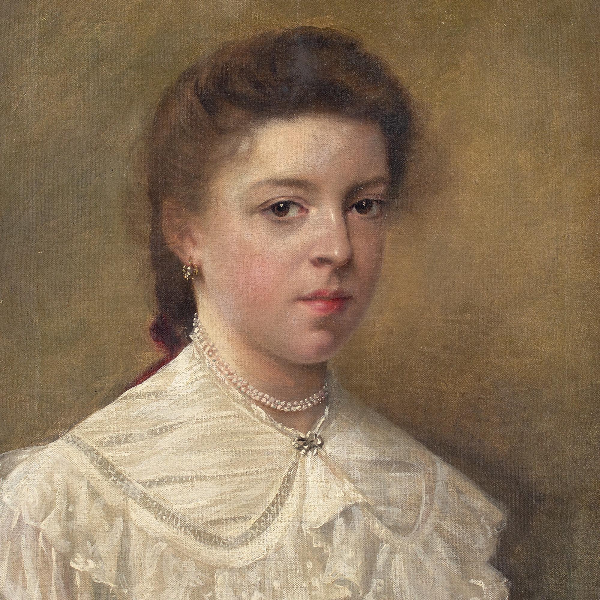 École belge du début du XXe siècle, Portrait d'une jeune fille avec des perles, peinture à l'huile 2