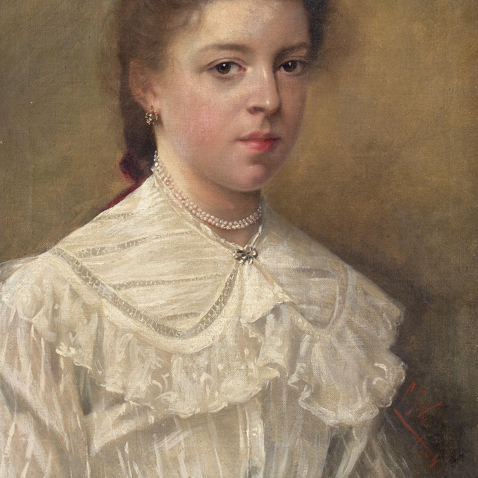 École belge du début du XXe siècle, Portrait d'une jeune fille avec des perles, peinture à l'huile 3