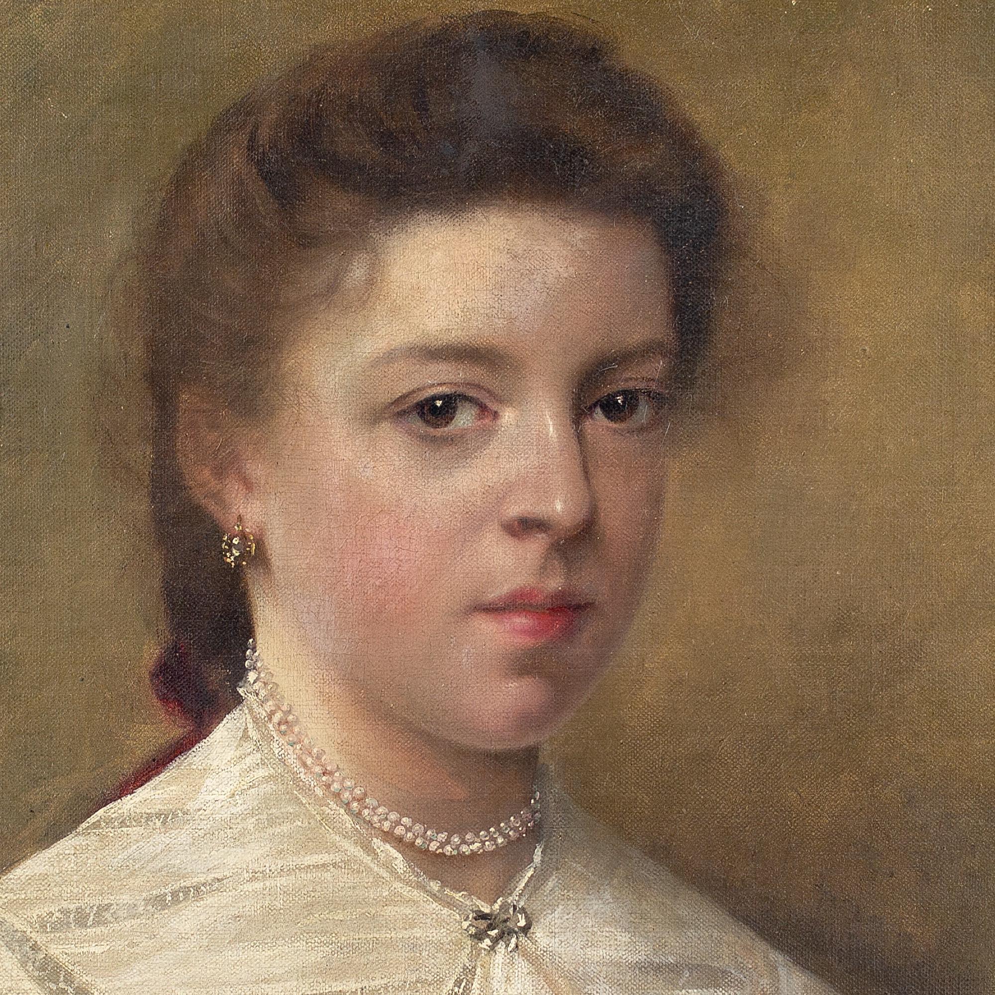 École belge du début du XXe siècle, Portrait d'une jeune fille avec des perles, peinture à l'huile 4